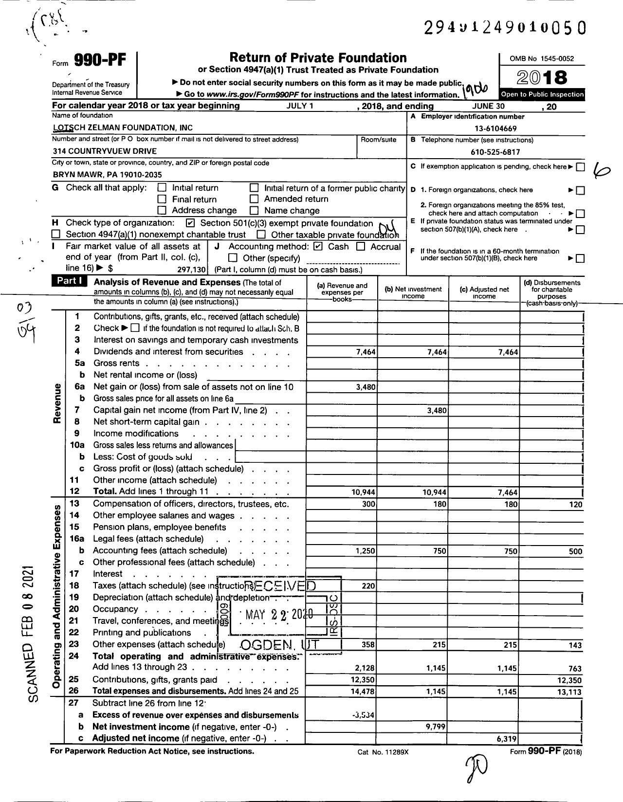 Image of first page of 2018 Form 990PF for Lotsch Zelman Foundation