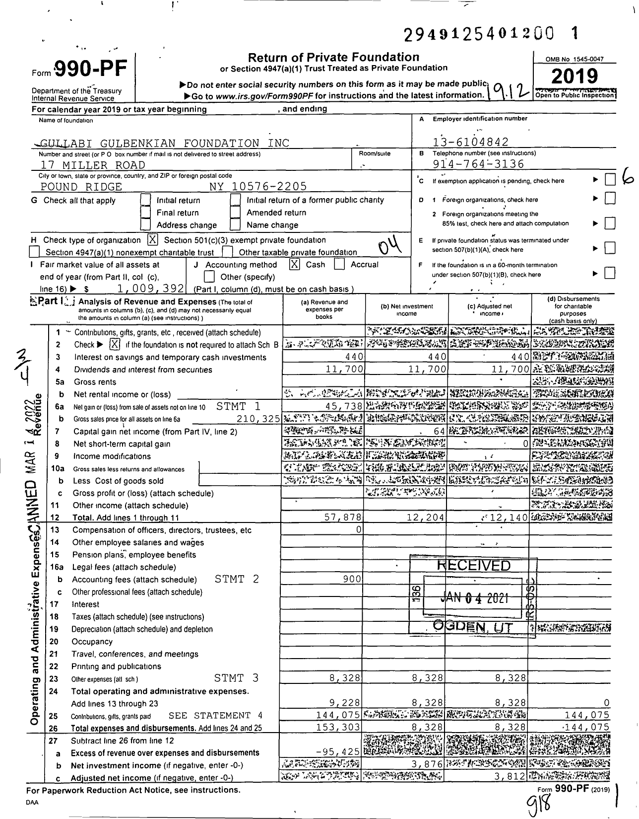 Image of first page of 2019 Form 990PF for Gullabi Gulbenkian Foundation