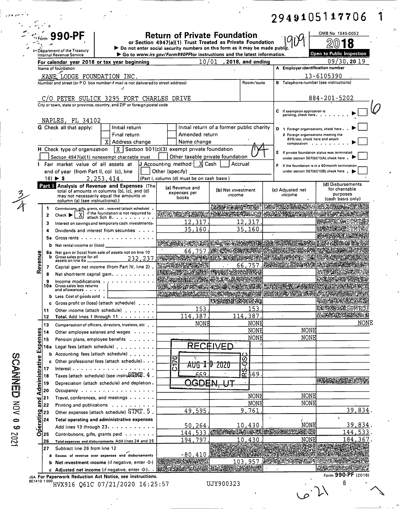 Image of first page of 2018 Form 990PF for Kane Lodge Foundation