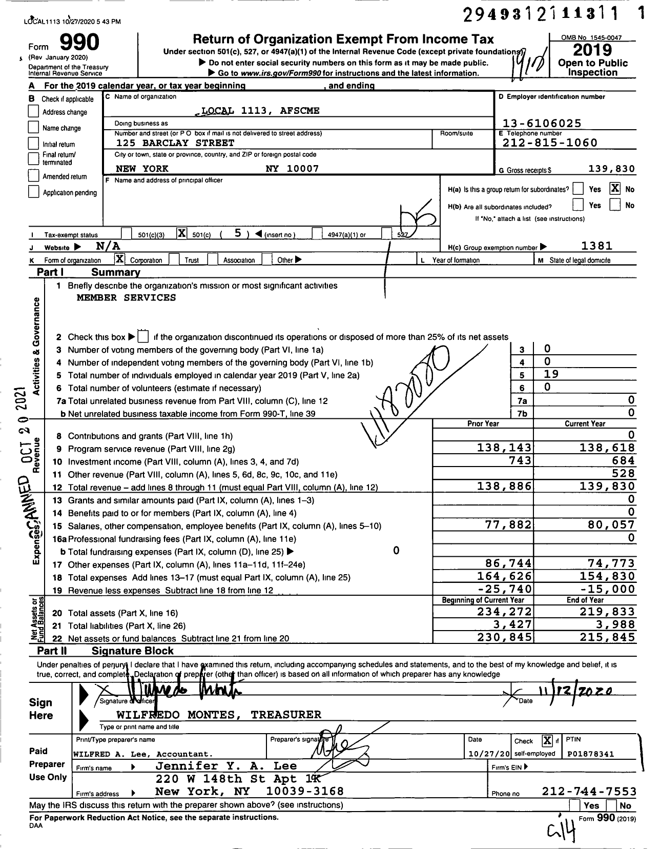 Image of first page of 2019 Form 990O for American Federation of State County & Municipal Employees - L1113ny Nyc Dept of Finance Emp