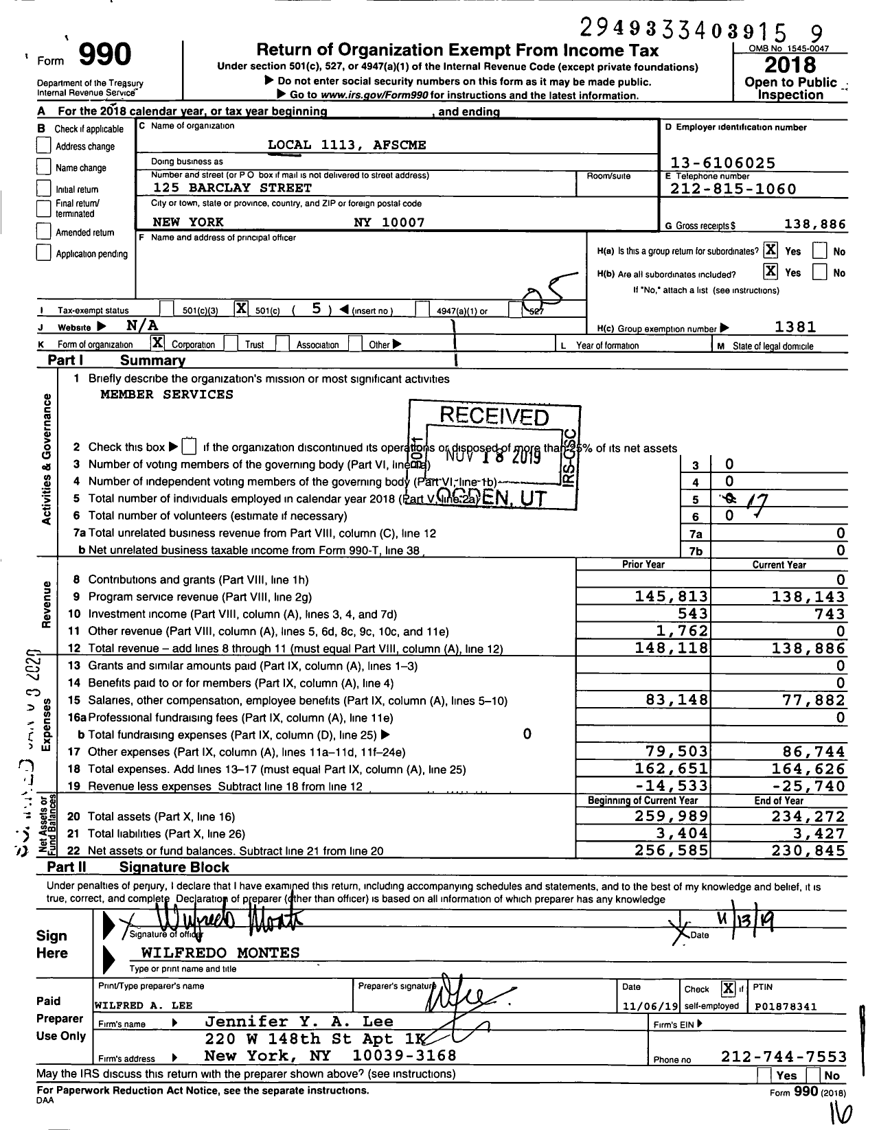 Image of first page of 2018 Form 990O for American Federation of State County & Municipal Employees - L1113ny Nyc Dept of Finance Emp