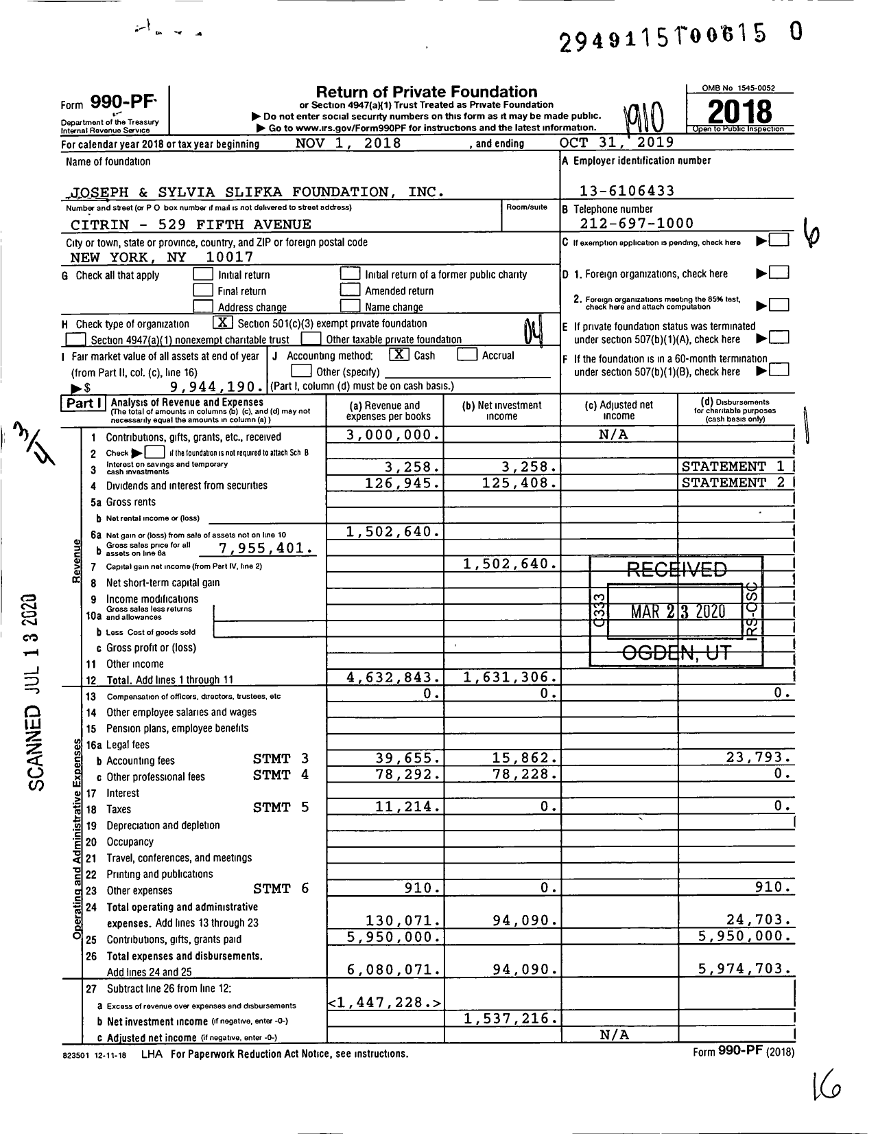 Image of first page of 2018 Form 990PR for Joseph and Sylvia Slifka Foundation