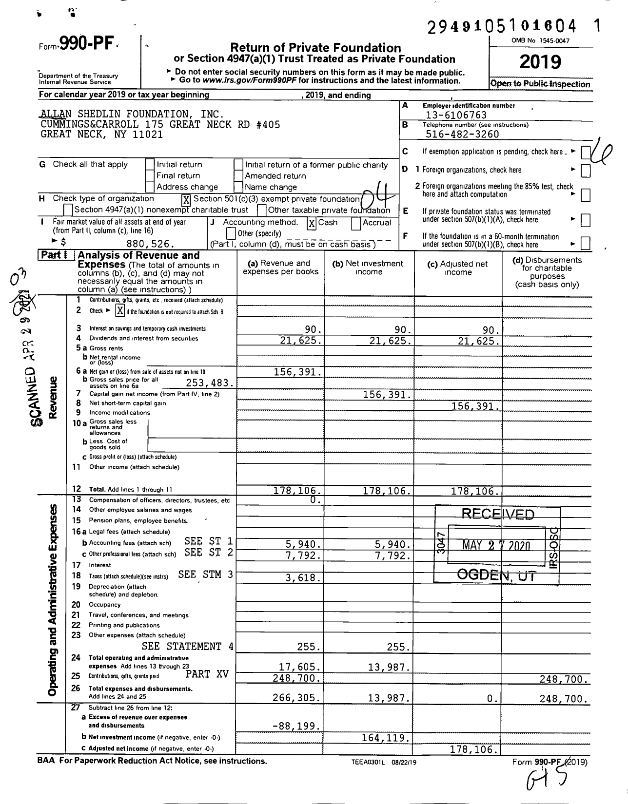 Image of first page of 2019 Form 990PF for Allan Shedlin Foundation