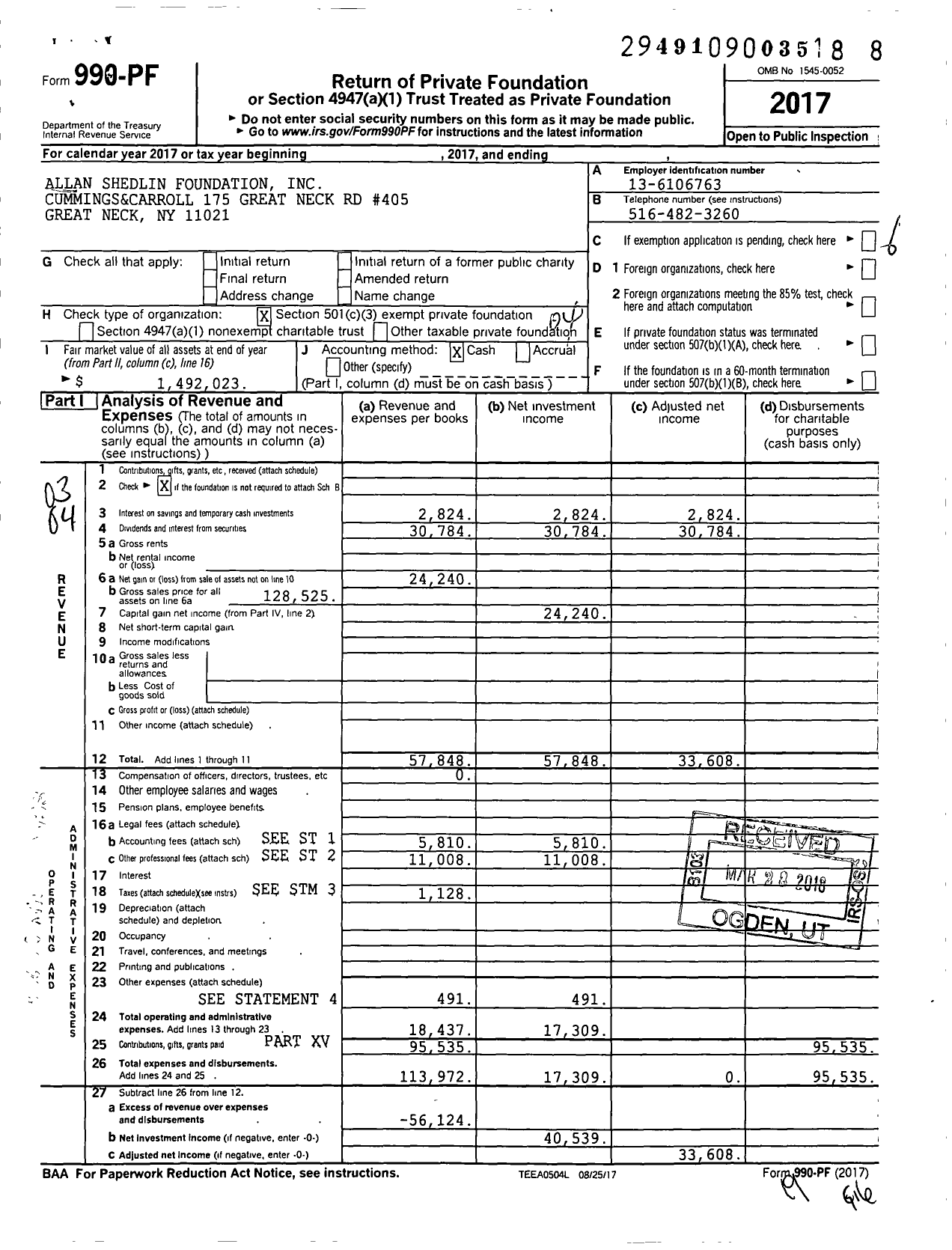 Image of first page of 2017 Form 990PF for Allan Shedlin Foundation