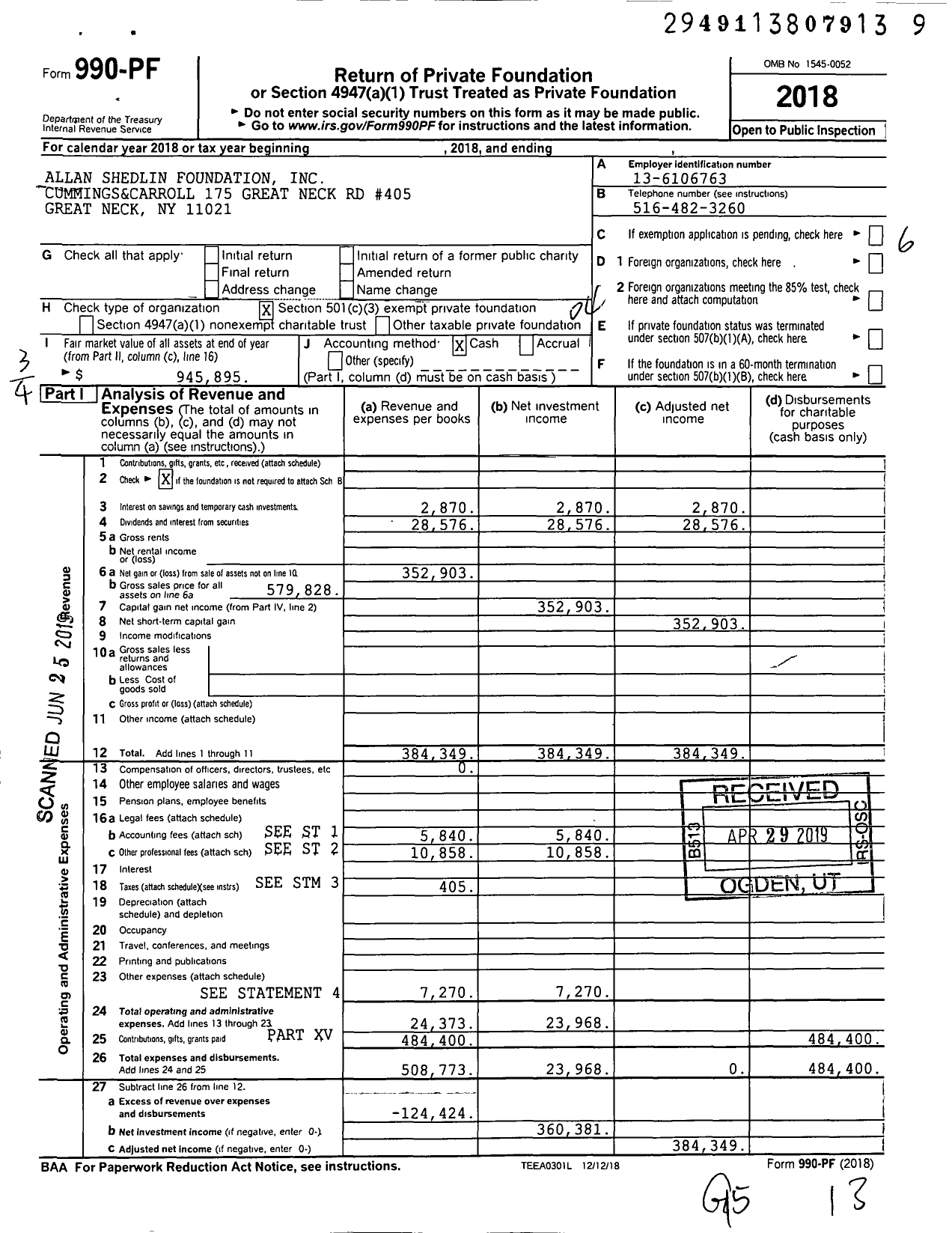 Image of first page of 2018 Form 990PF for Allan Shedlin Foundation