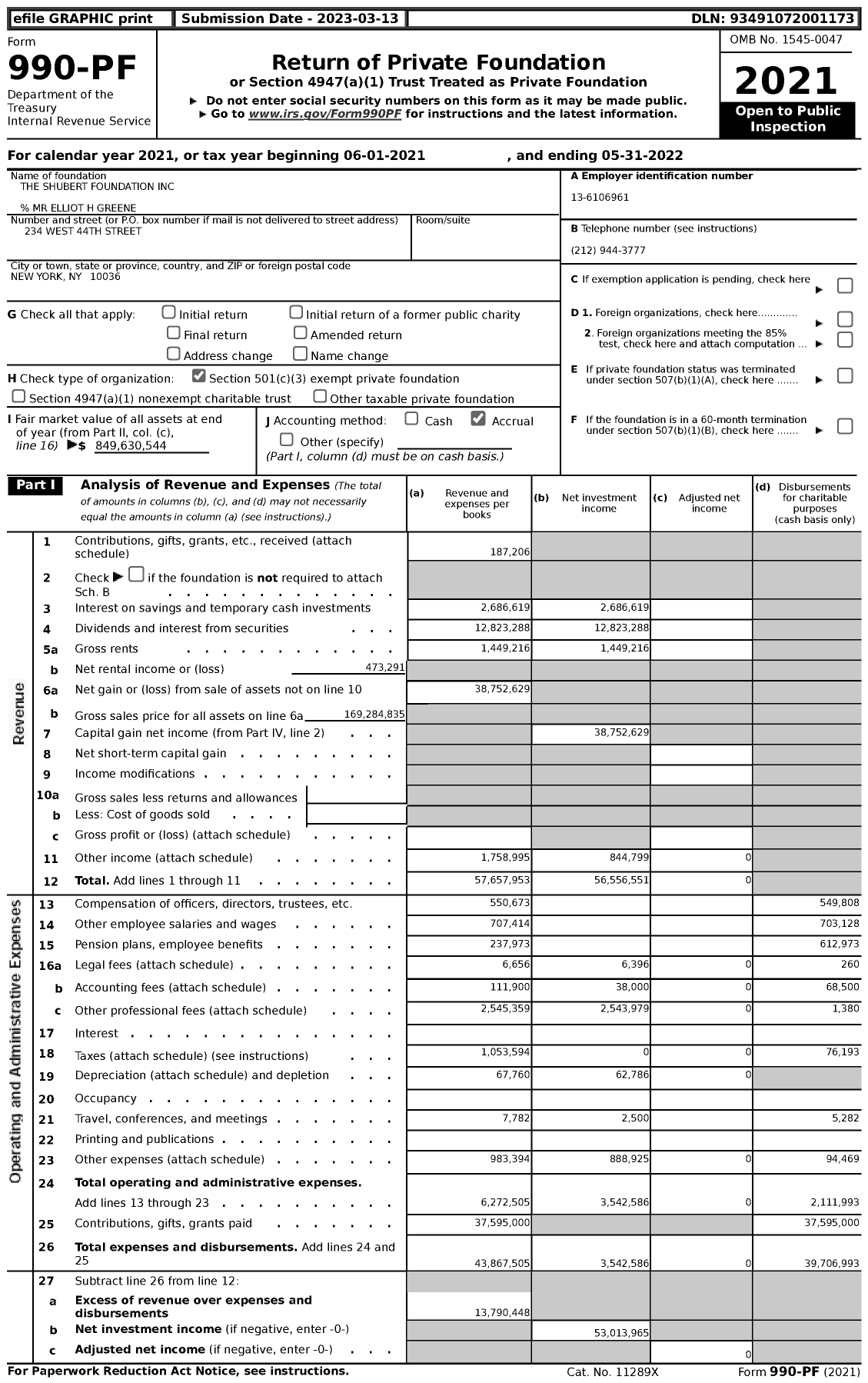 Image of first page of 2021 Form 990PF for Shubert Foundation