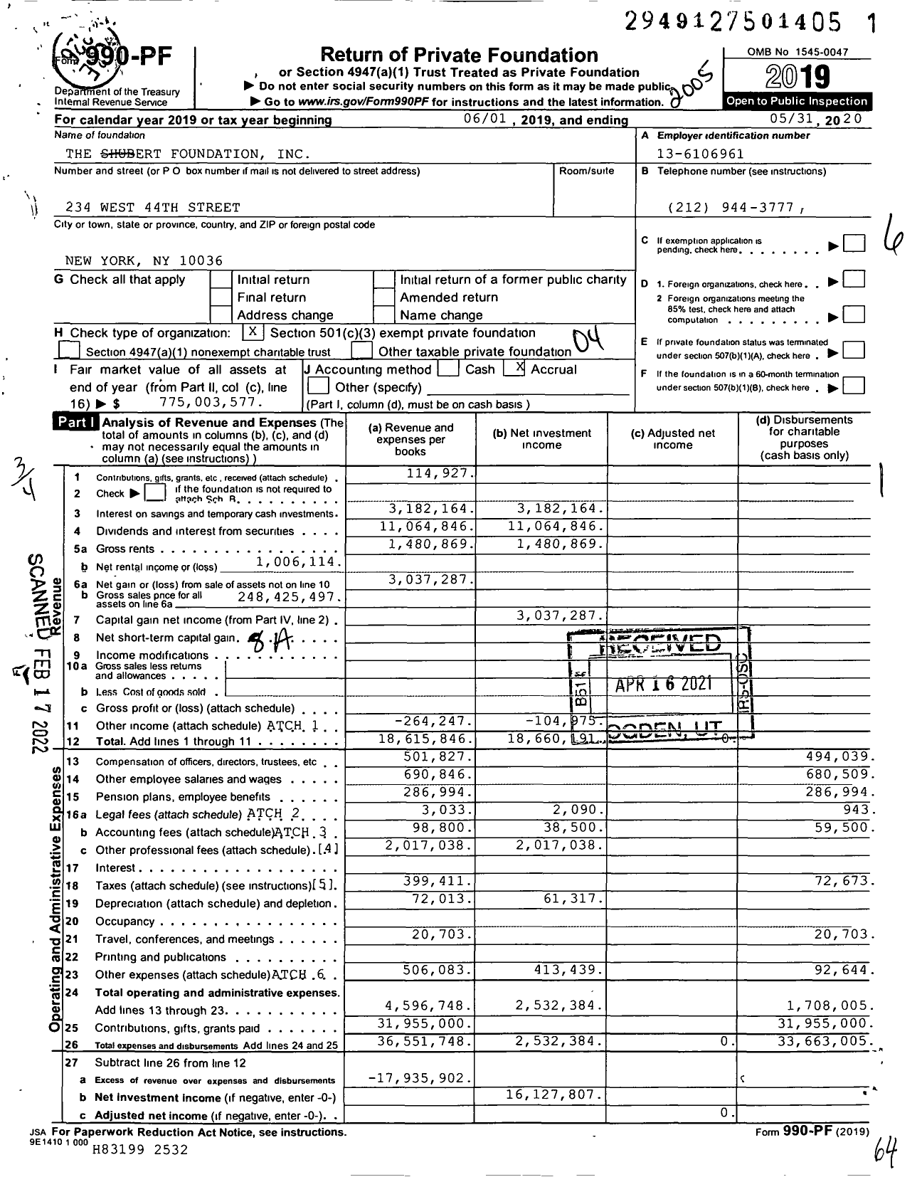Image of first page of 2019 Form 990PF for Shubert Foundation
