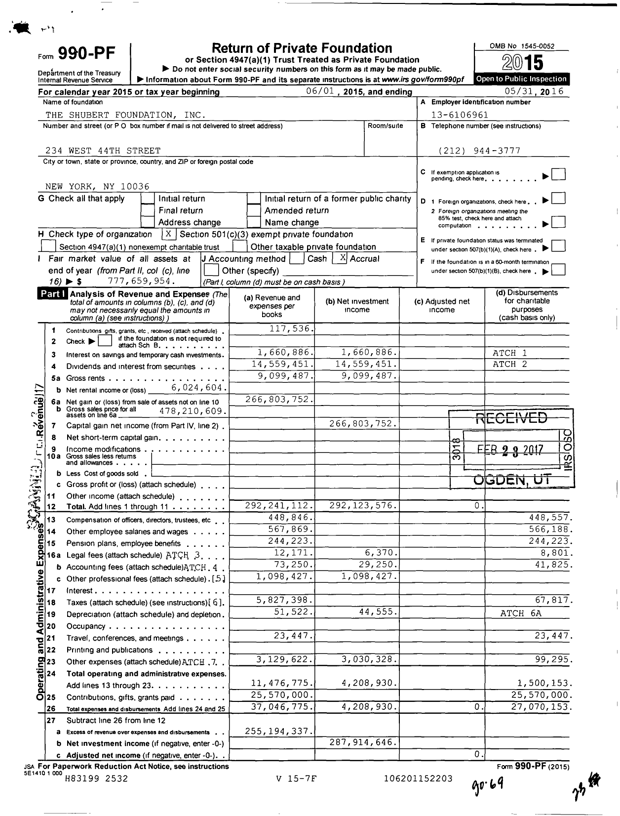 Image of first page of 2015 Form 990PF for Shubert Foundation