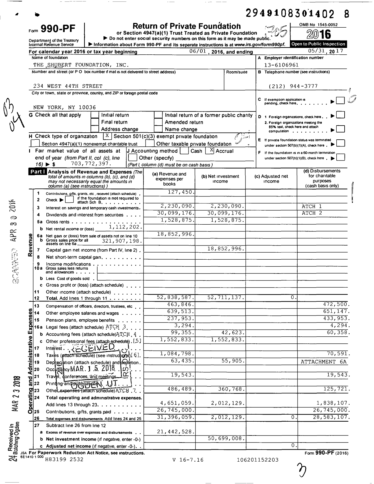 Image of first page of 2016 Form 990PF for Shubert Foundation