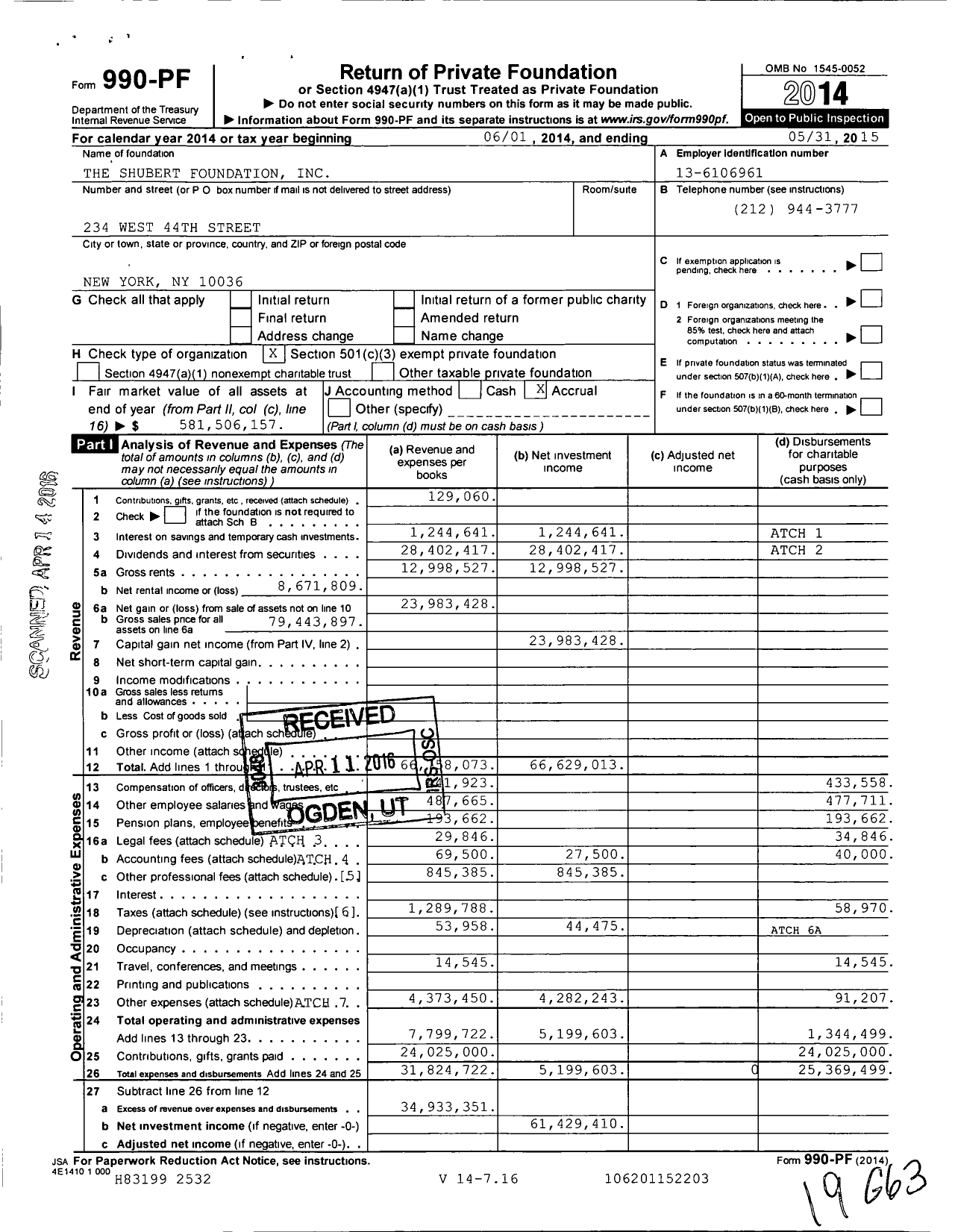 Image of first page of 2014 Form 990PF for Shubert Foundation