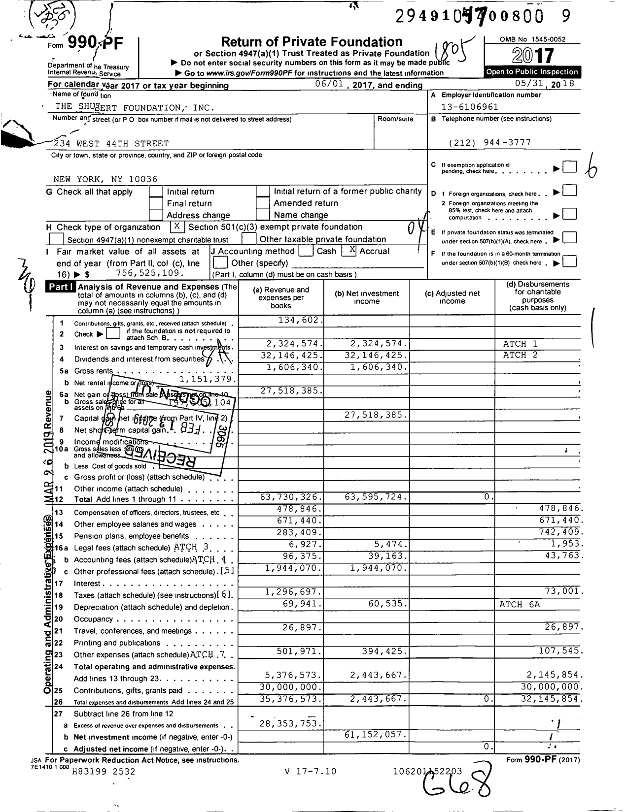 Image of first page of 2017 Form 990PF for Shubert Foundation