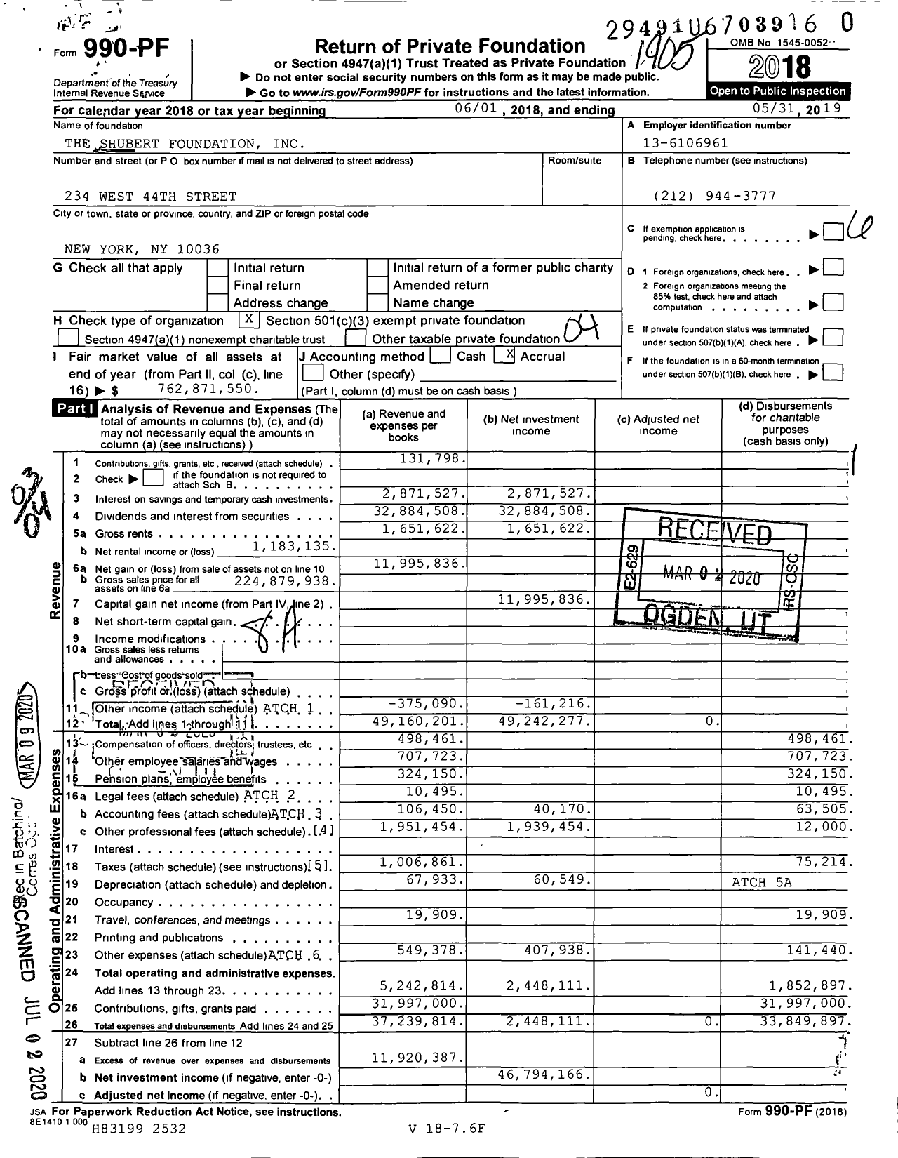 Image of first page of 2018 Form 990PR for Shubert Foundation