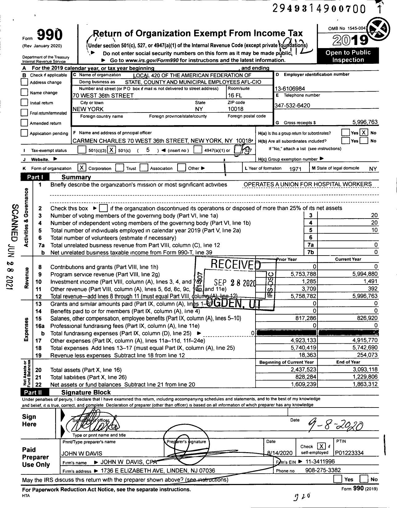 Image of first page of 2019 Form 990O for American Federation of State County & Municipal Employees - L0420ny Nyc Dept of Hospitals Emp