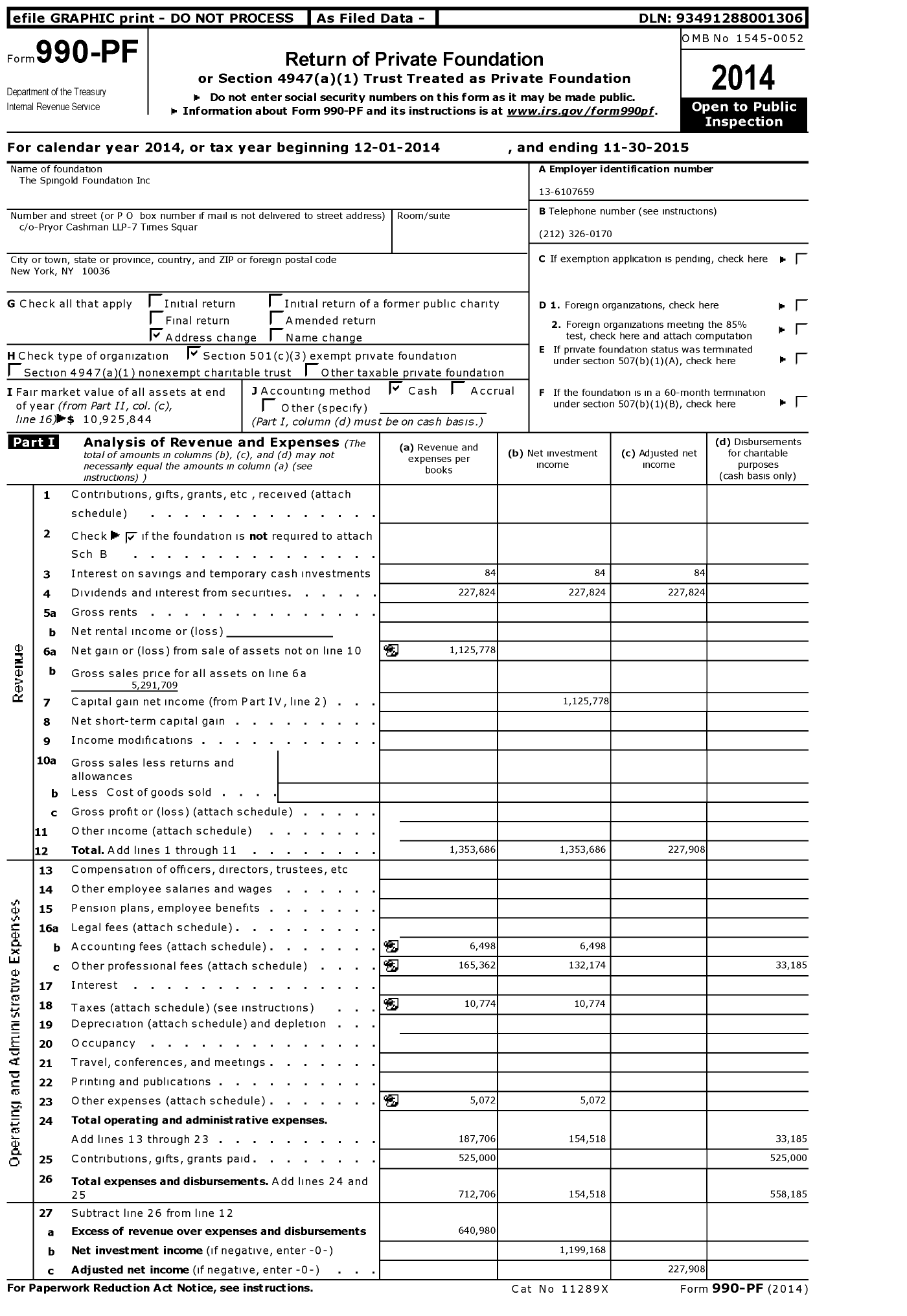 Image of first page of 2014 Form 990PF for The Spingold Foundation