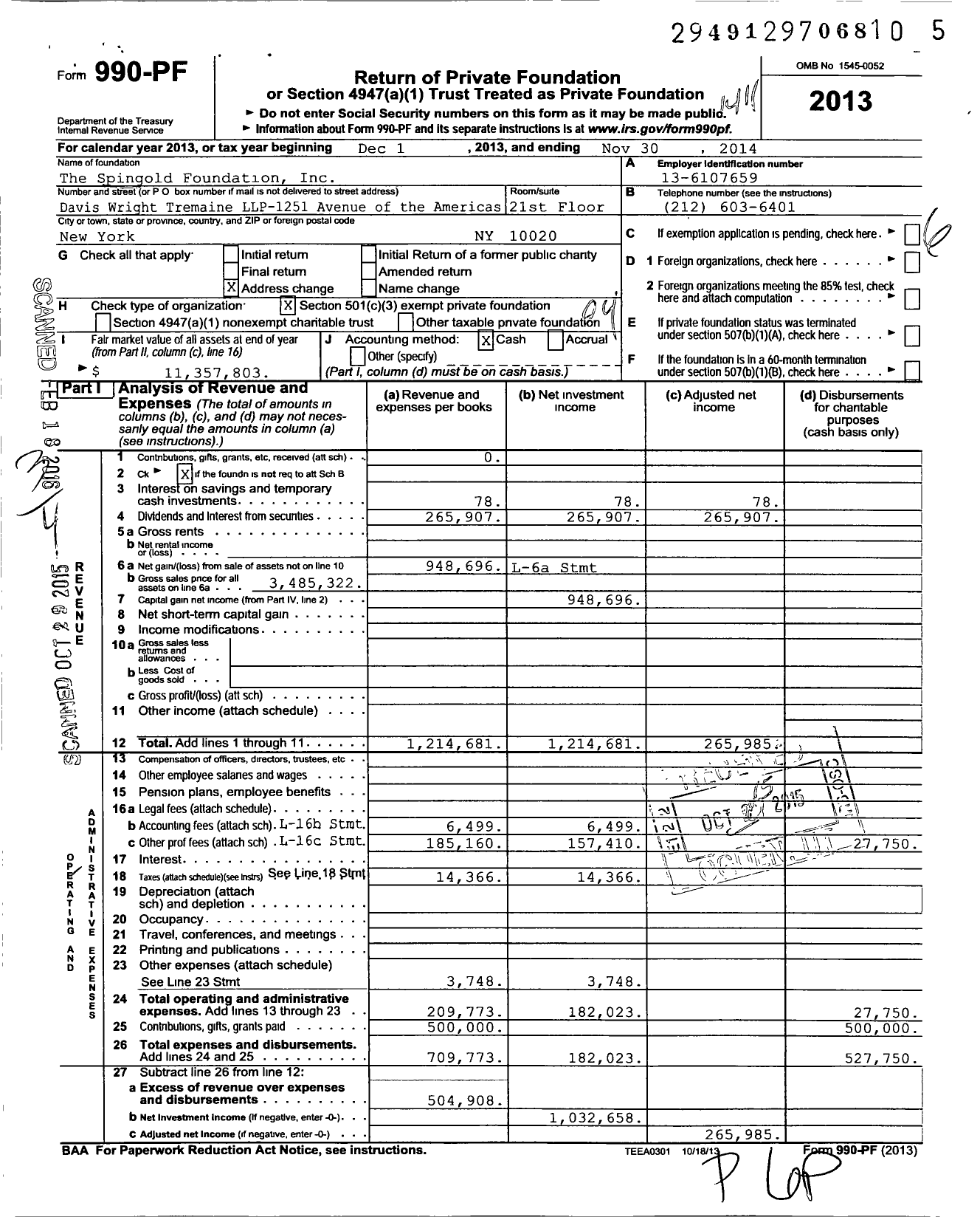 Image of first page of 2013 Form 990PF for The Spingold Foundation