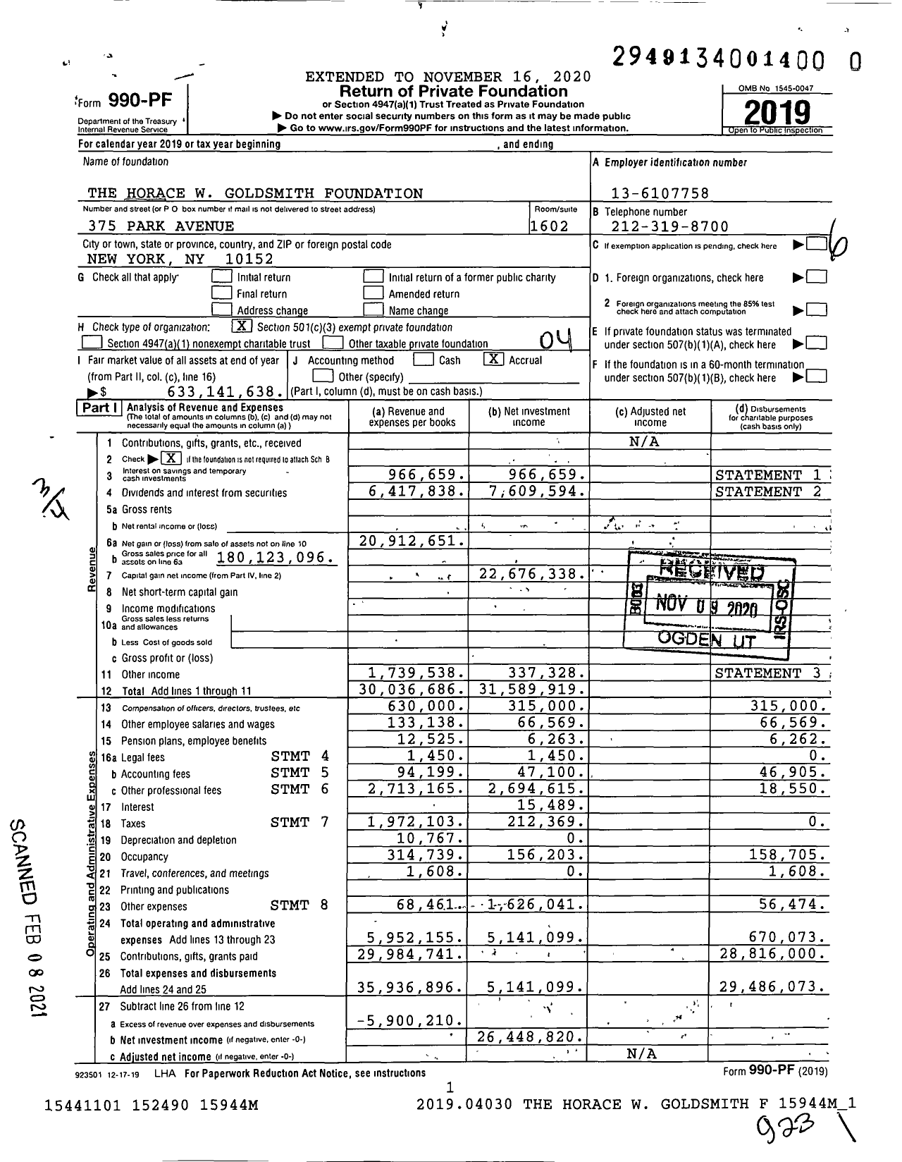 Image of first page of 2019 Form 990PF for Horace W Goldsmith Foundation