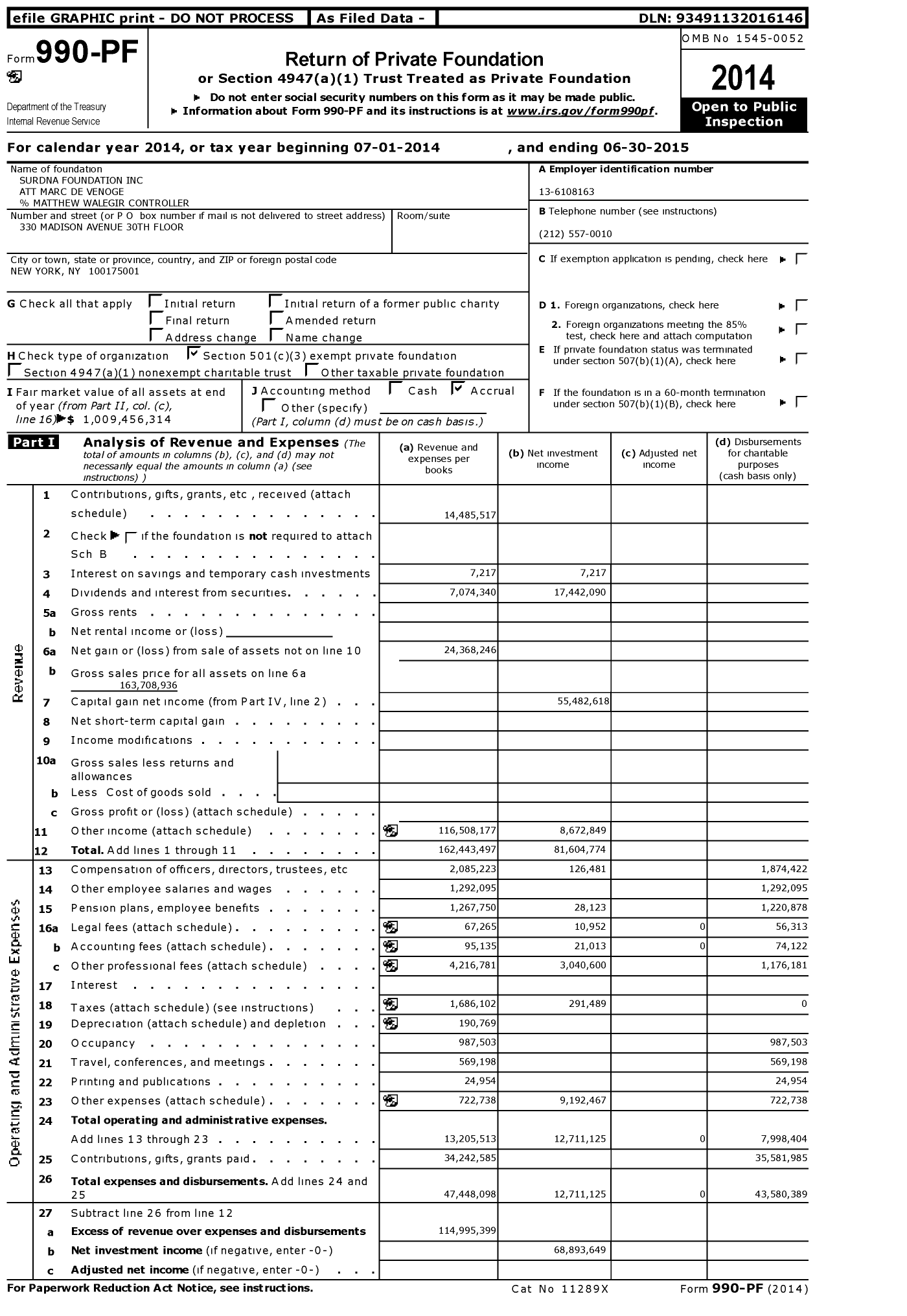 Image of first page of 2014 Form 990PF for Surdna Foundation
