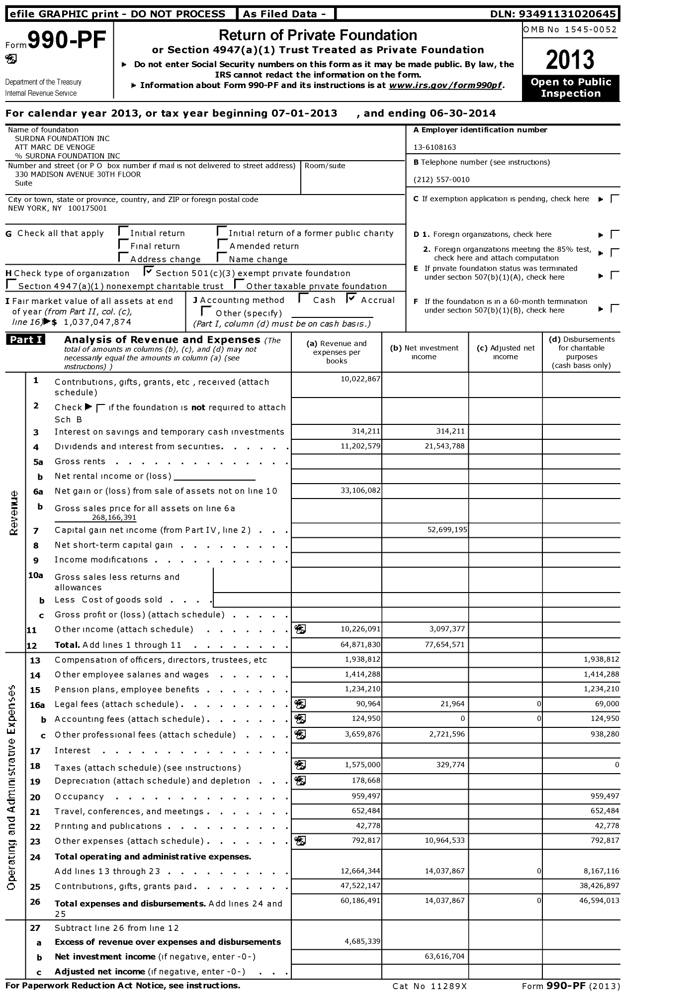 Image of first page of 2013 Form 990PF for Surdna Foundation