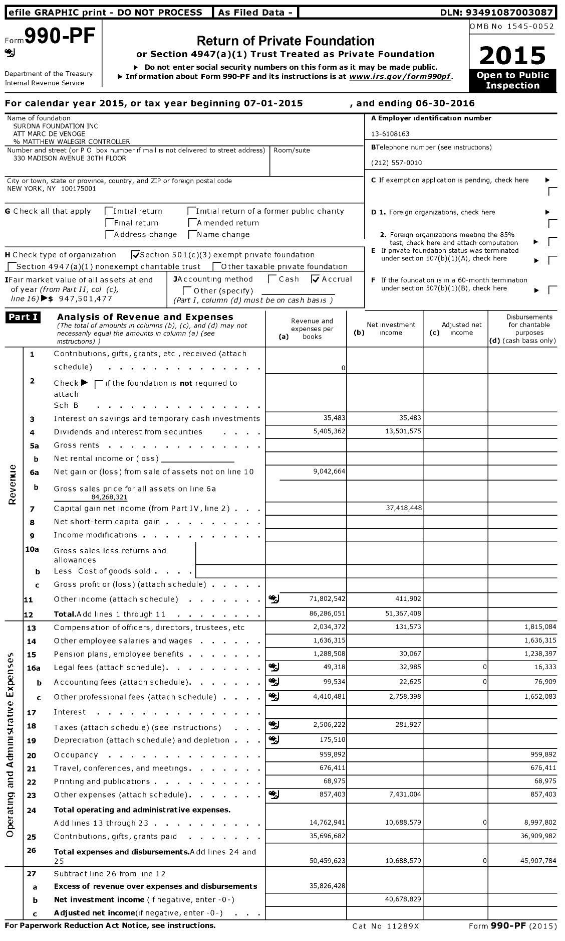 Image of first page of 2015 Form 990PF for Surdna Foundation