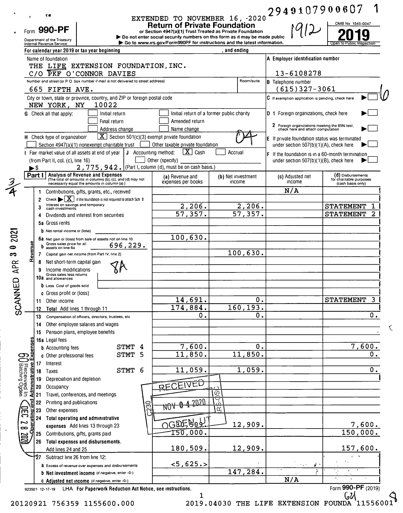 Image of first page of 2019 Form 990PF for Life Extension Foundation