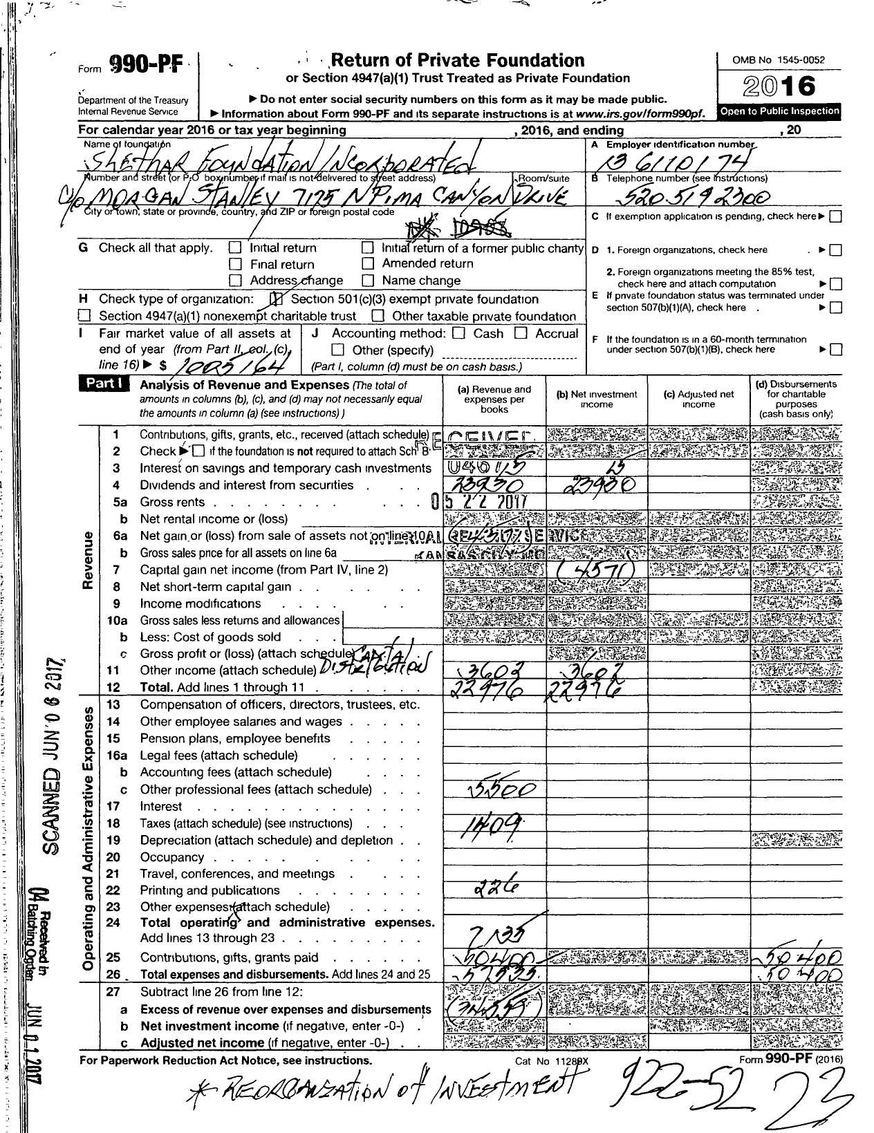 Image of first page of 2016 Form 990PF for Shethar Foundation Incorporated