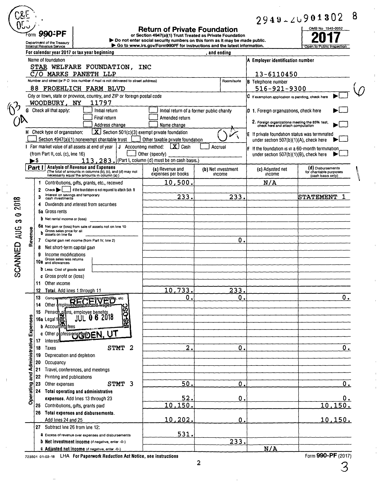 Image of first page of 2017 Form 990PF for Star Welfare Foundation