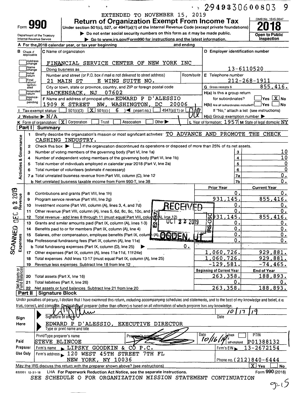 Image of first page of 2018 Form 990O for Financial Service Centers of New York (FSCNY)