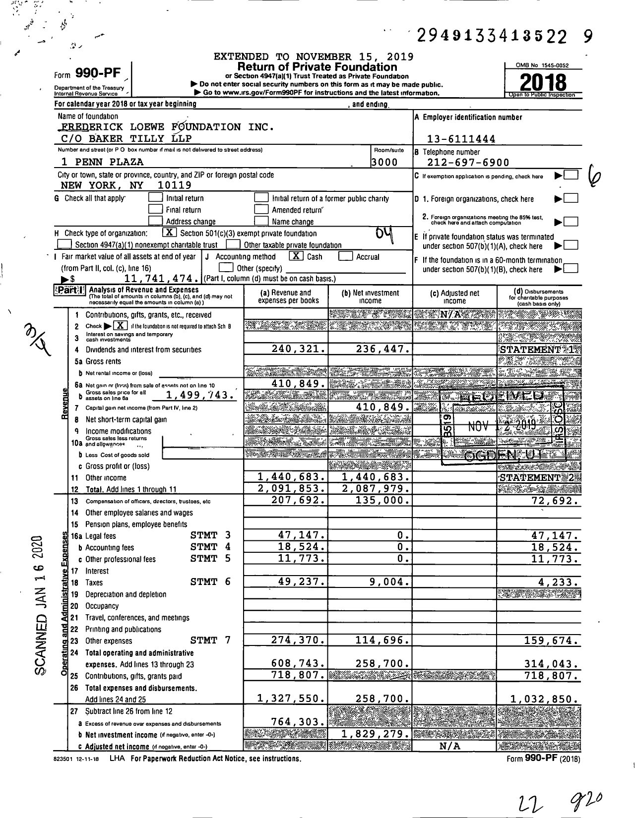 Image of first page of 2018 Form 990PF for Frederick Loewe Foundation