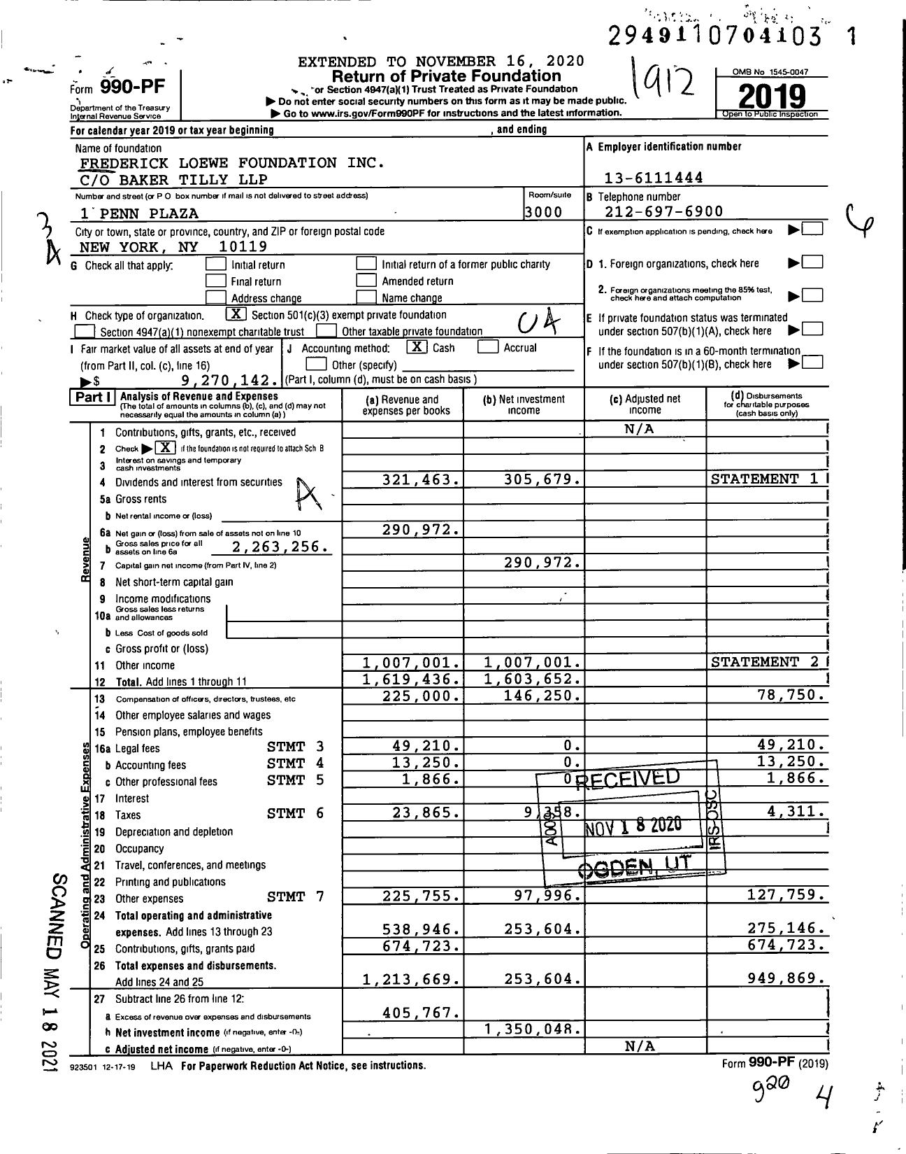 Image of first page of 2019 Form 990PF for Frederick Loewe Foundation