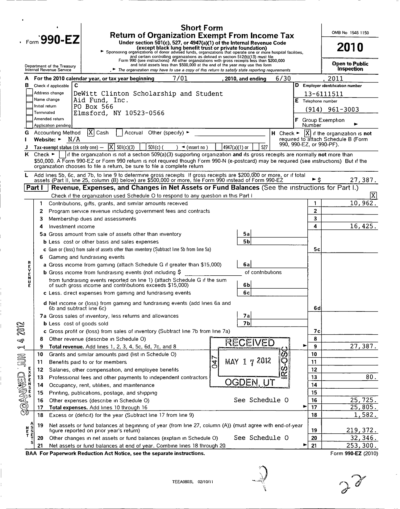 Image of first page of 2010 Form 990EZ for Dewitt Clinton Scholarship and Student Aid Fund