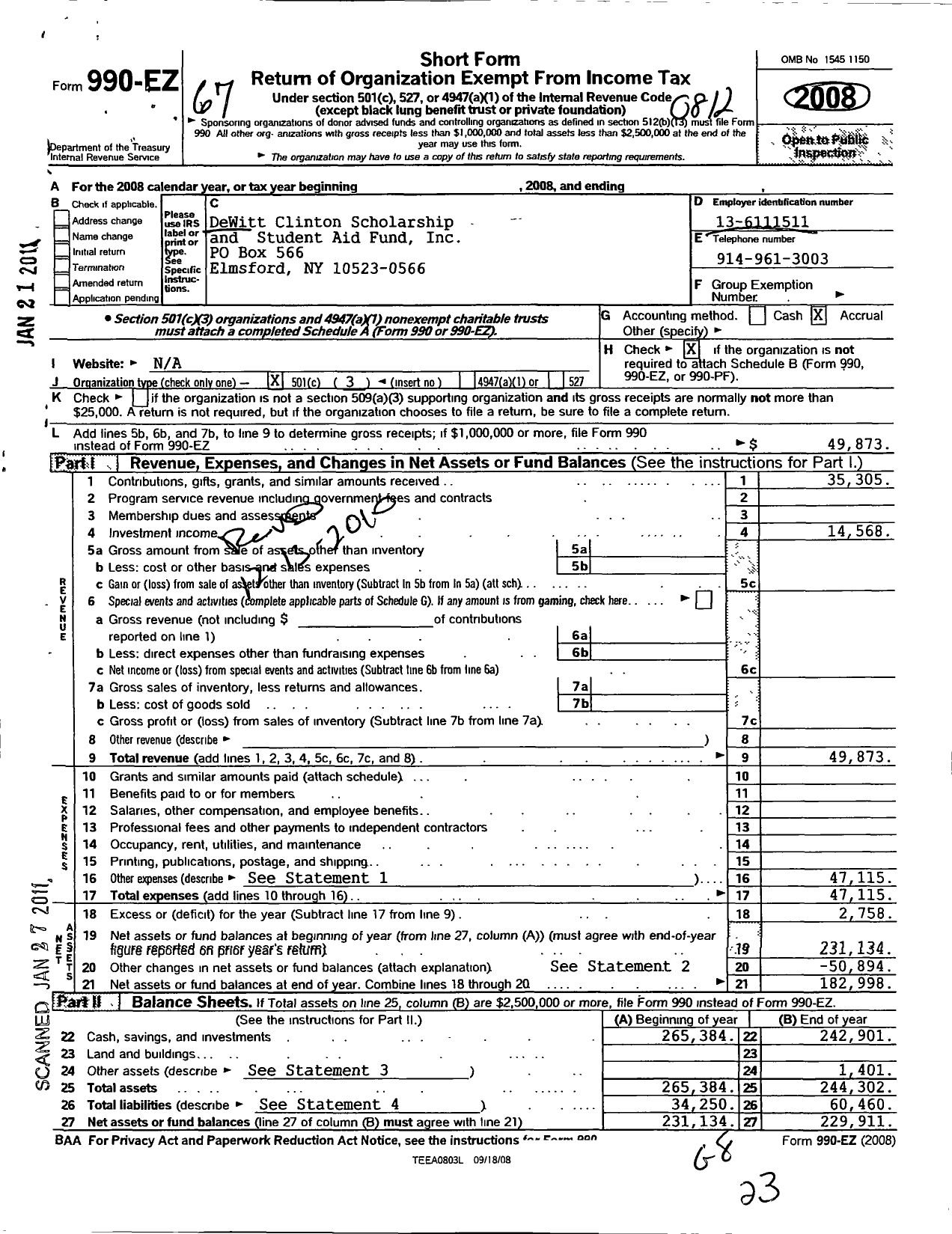 Image of first page of 2008 Form 990EZ for Dewitt Clinton Scholarship and Student Aid Fund