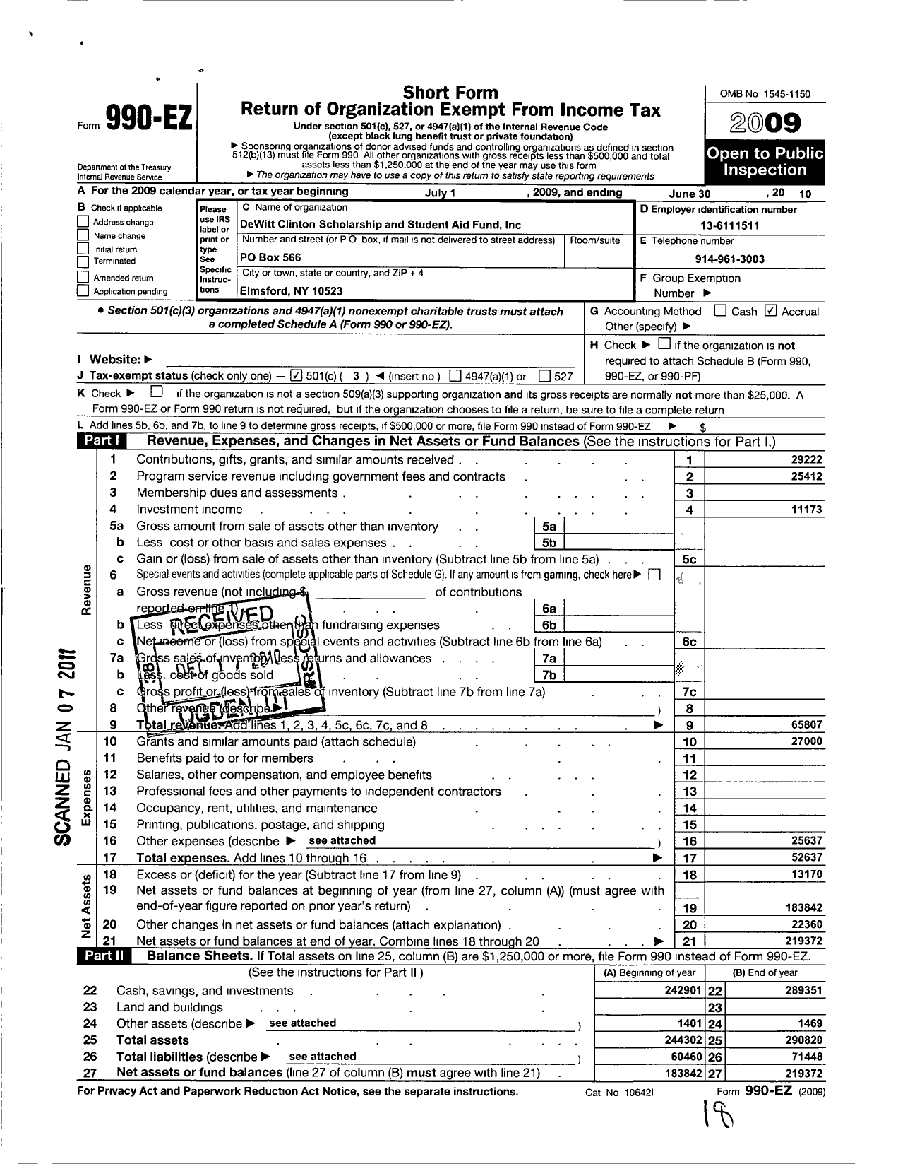 Image of first page of 2009 Form 990EZ for Dewitt Clinton Scholarship and Student Aid Fund