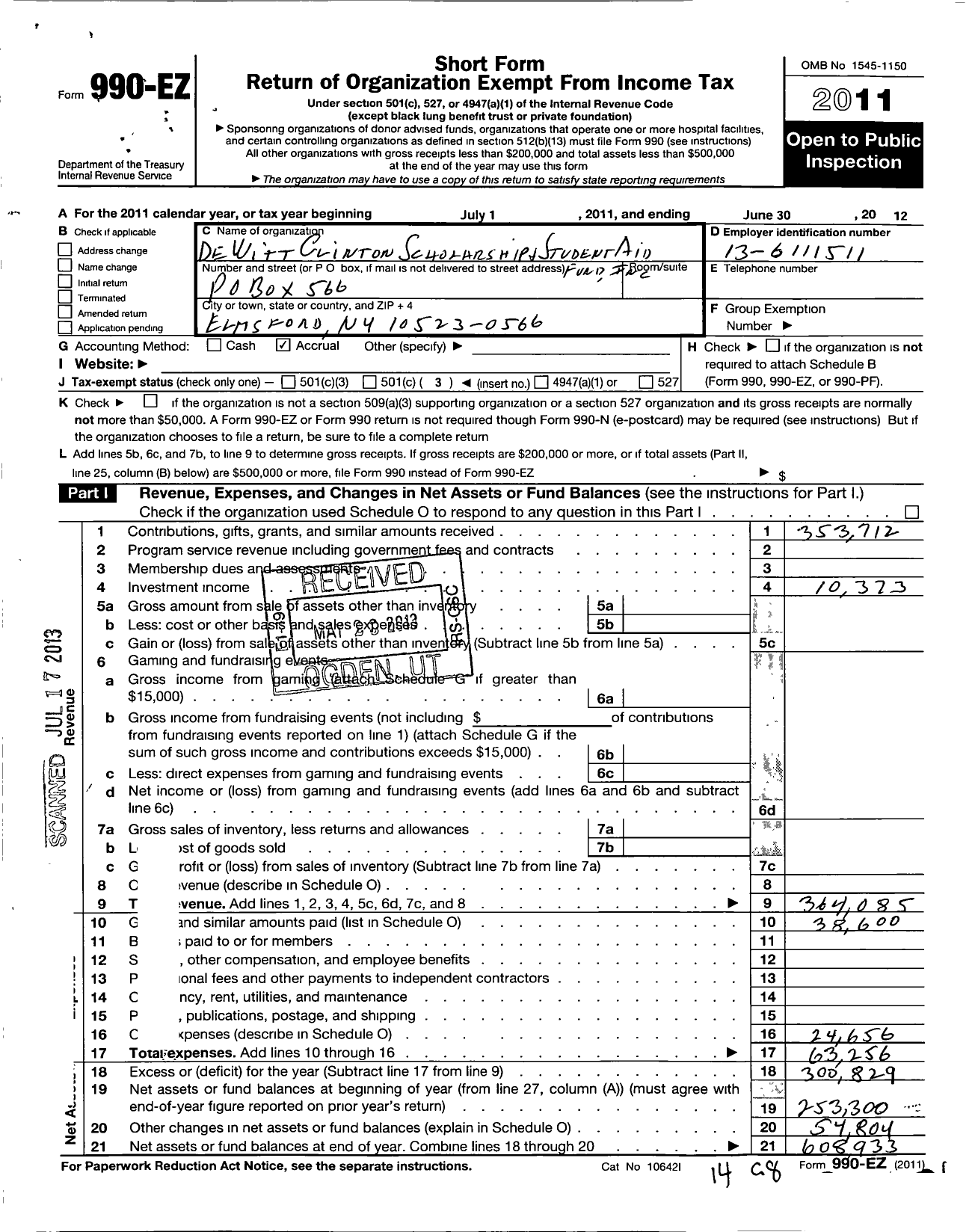 Image of first page of 2011 Form 990EZ for Dewitt Clinton Scholarship and Student Aid Fund