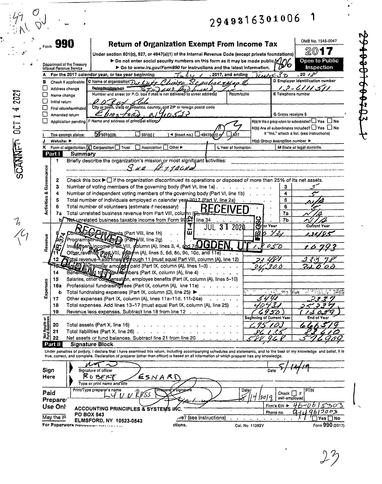 Image of first page of 2017 Form 990 for Dewitt Clinton Scholarship and Student Aid Fund