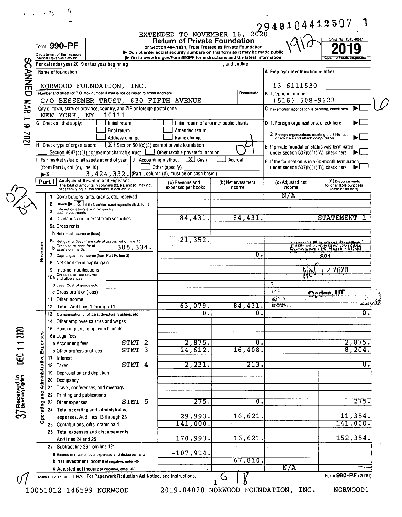 Image of first page of 2019 Form 990PF for Norwood Foundation