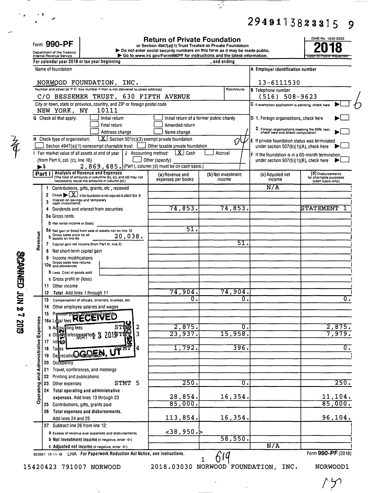 Image of first page of 2018 Form 990PF for Norwood Foundation