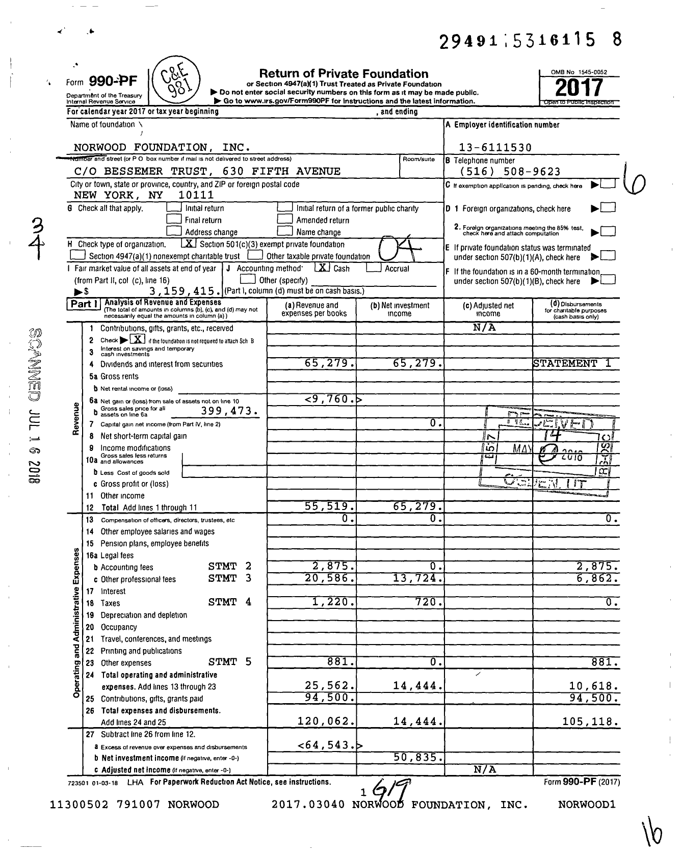 Image of first page of 2017 Form 990PF for Norwood Foundation