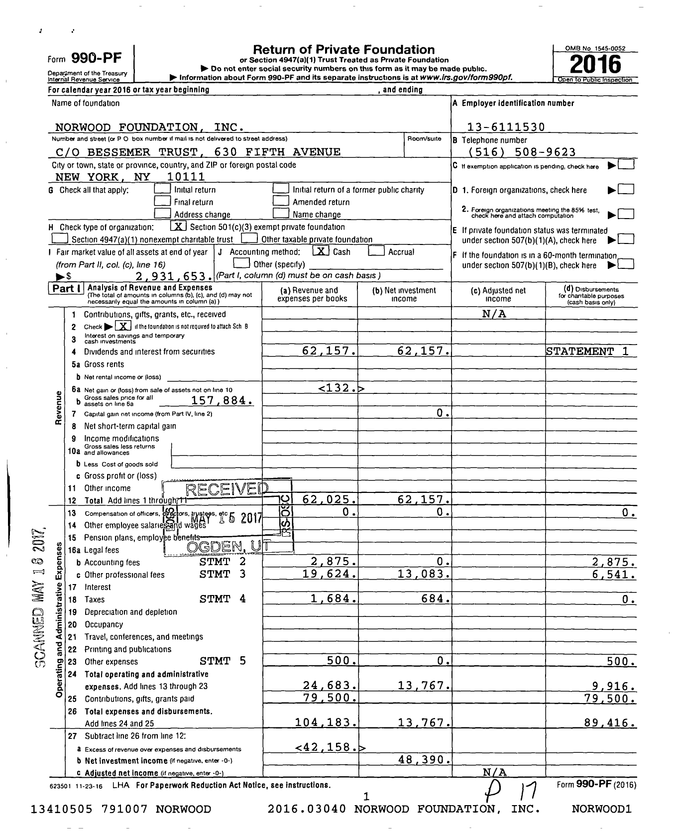 Image of first page of 2016 Form 990PF for Norwood Foundation