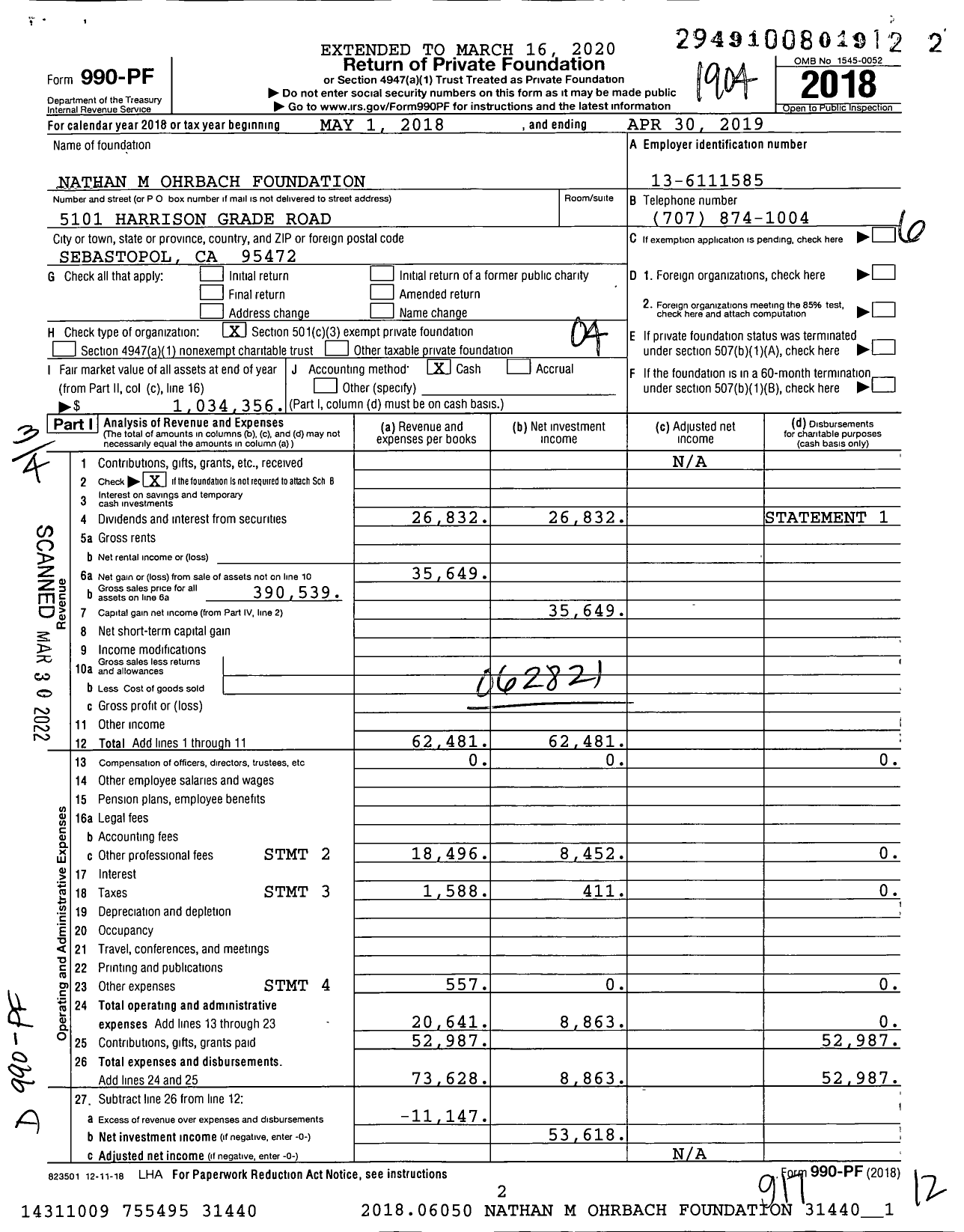 Image of first page of 2018 Form 990PF for Nathan M Ohrbach Foundation