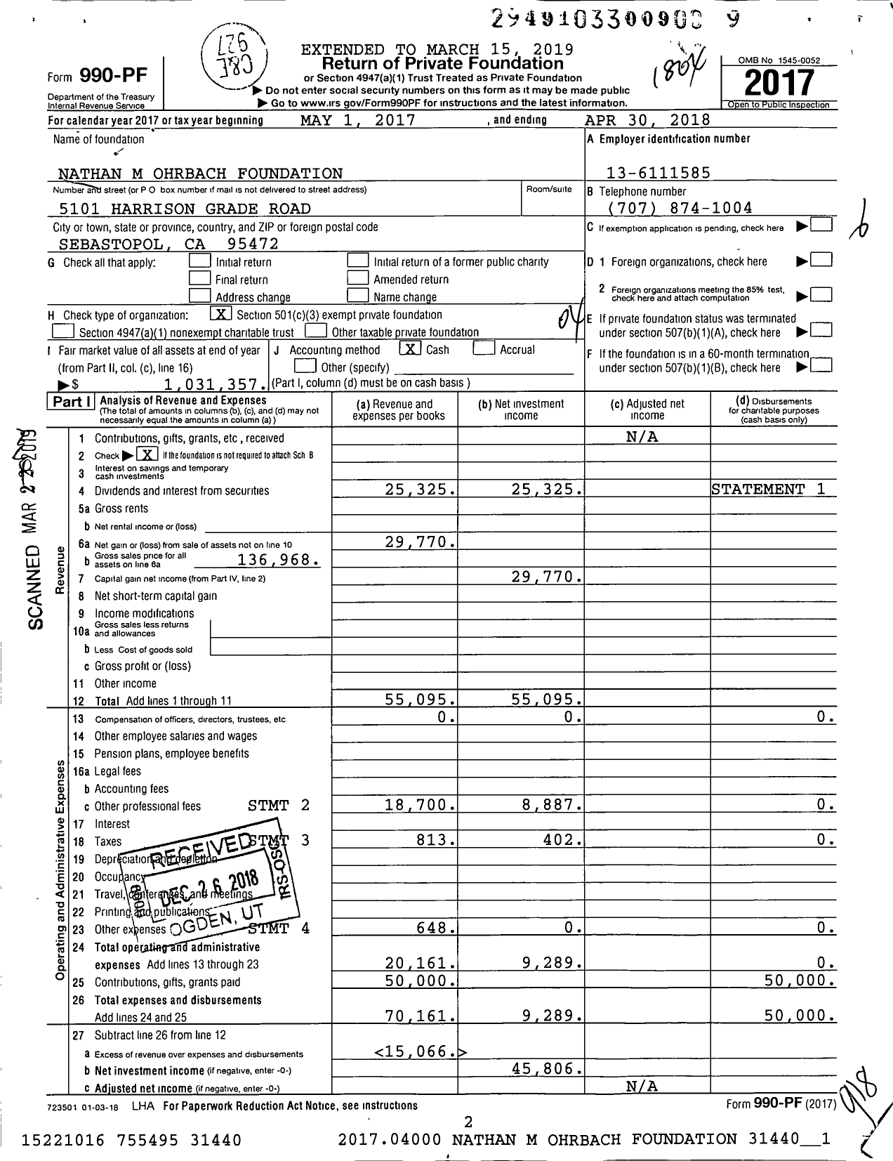 Image of first page of 2017 Form 990PF for Nathan M Ohrbach Foundation