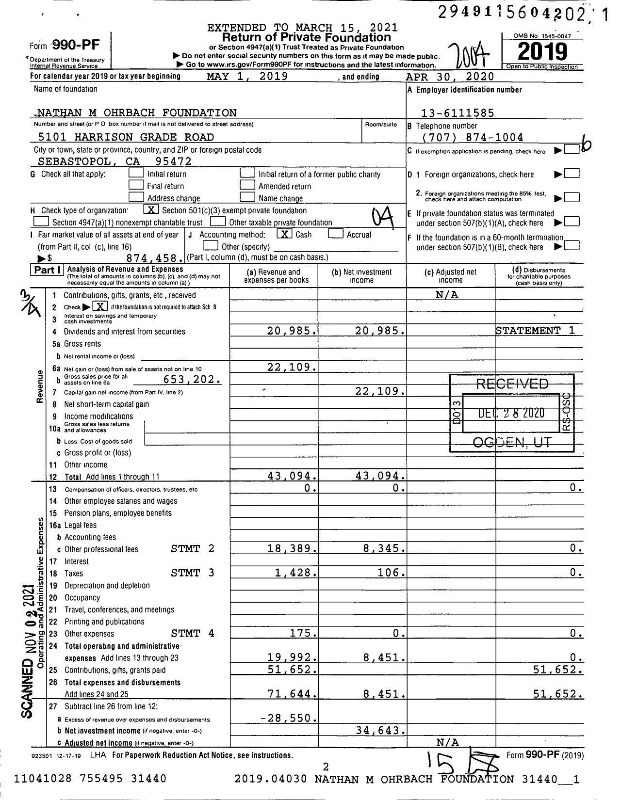 Image of first page of 2019 Form 990PF for Nathan M Ohrbach Foundation