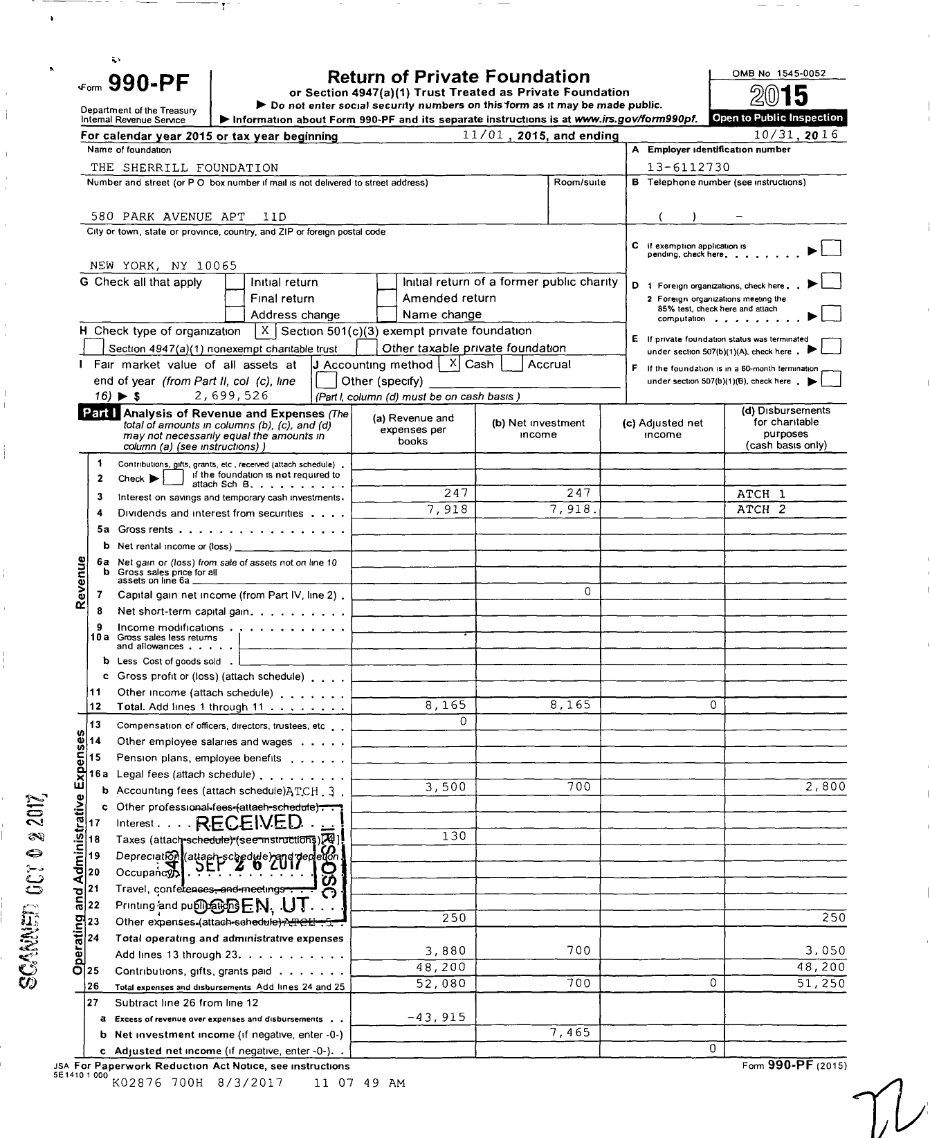 Image of first page of 2015 Form 990PF for The Sherrill Foundation