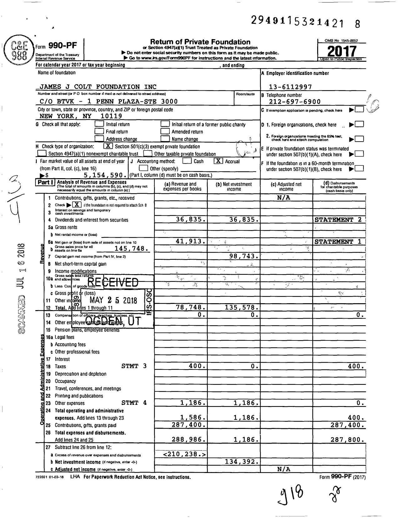 Image of first page of 2017 Form 990PF for James J Colt Foundation