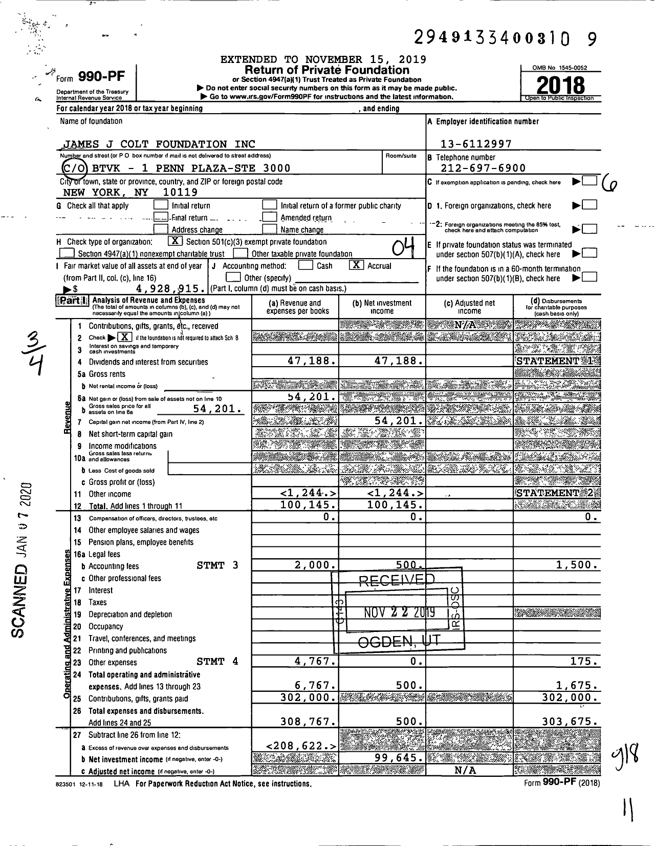 Image of first page of 2018 Form 990PF for James J Colt Foundation