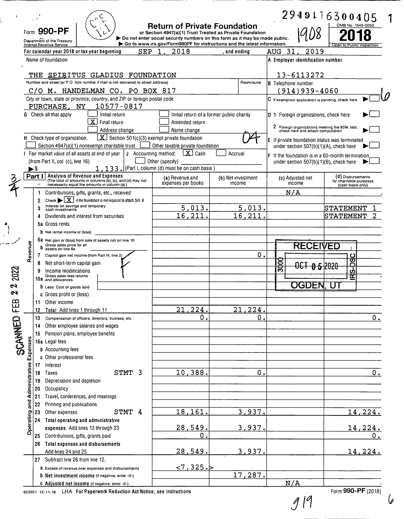 Image of first page of 2018 Form 990PF for The Spiritus Gladius Foundation