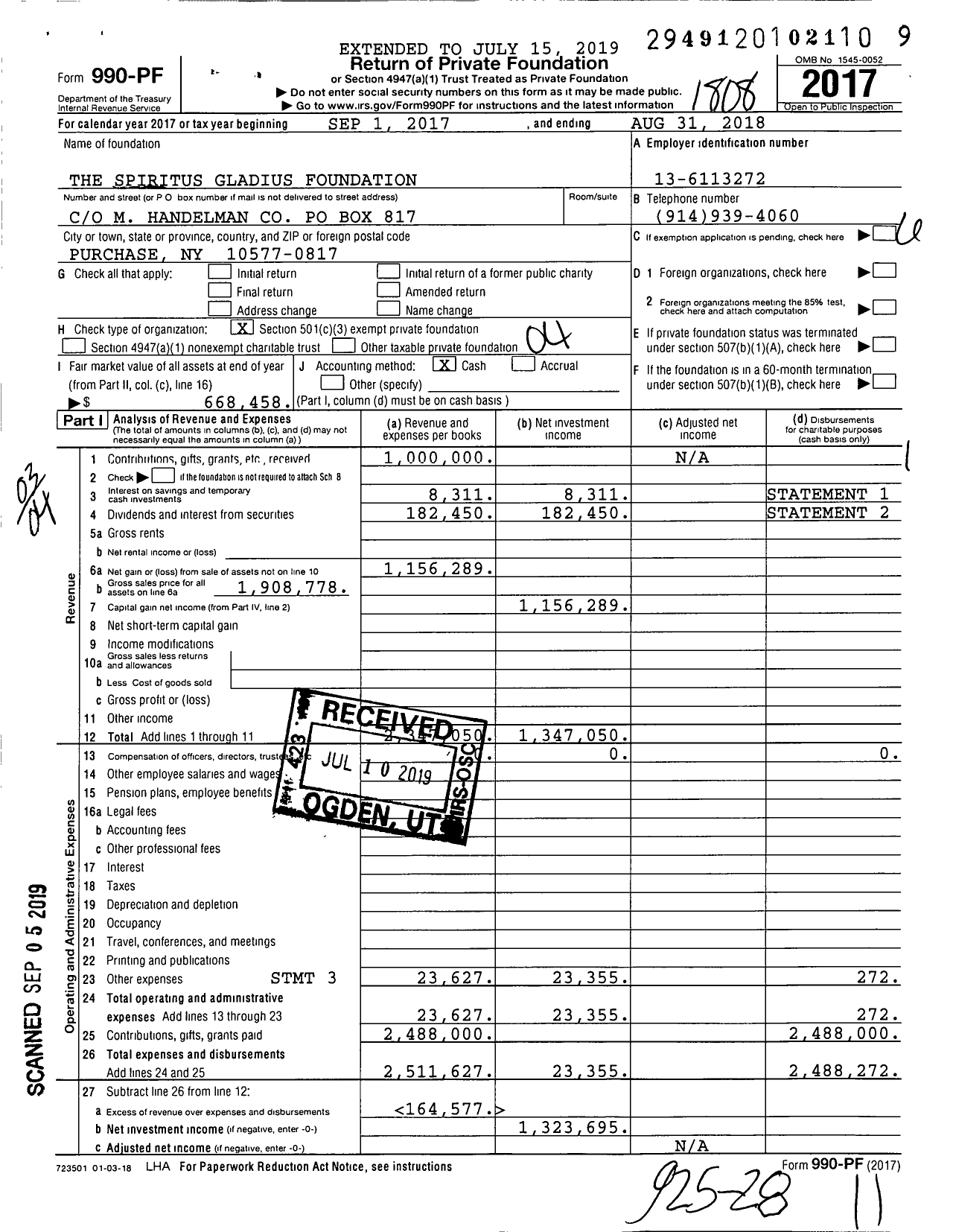 Image of first page of 2017 Form 990PF for The Spiritus Gladius Foundation