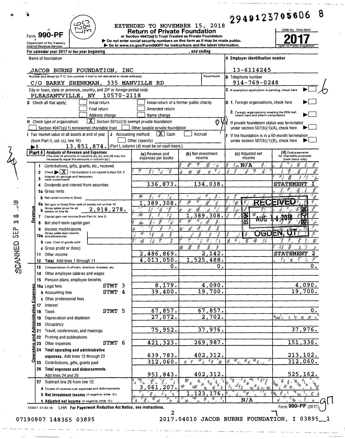 Image of first page of 2017 Form 990PF for Jacob Burns Foundation