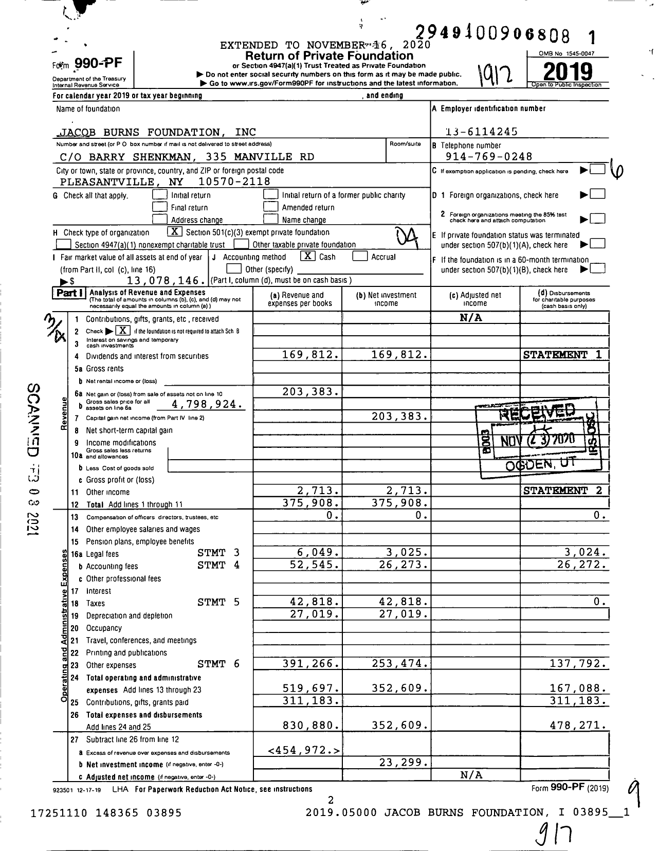 Image of first page of 2019 Form 990PF for Jacob Burns Foundation