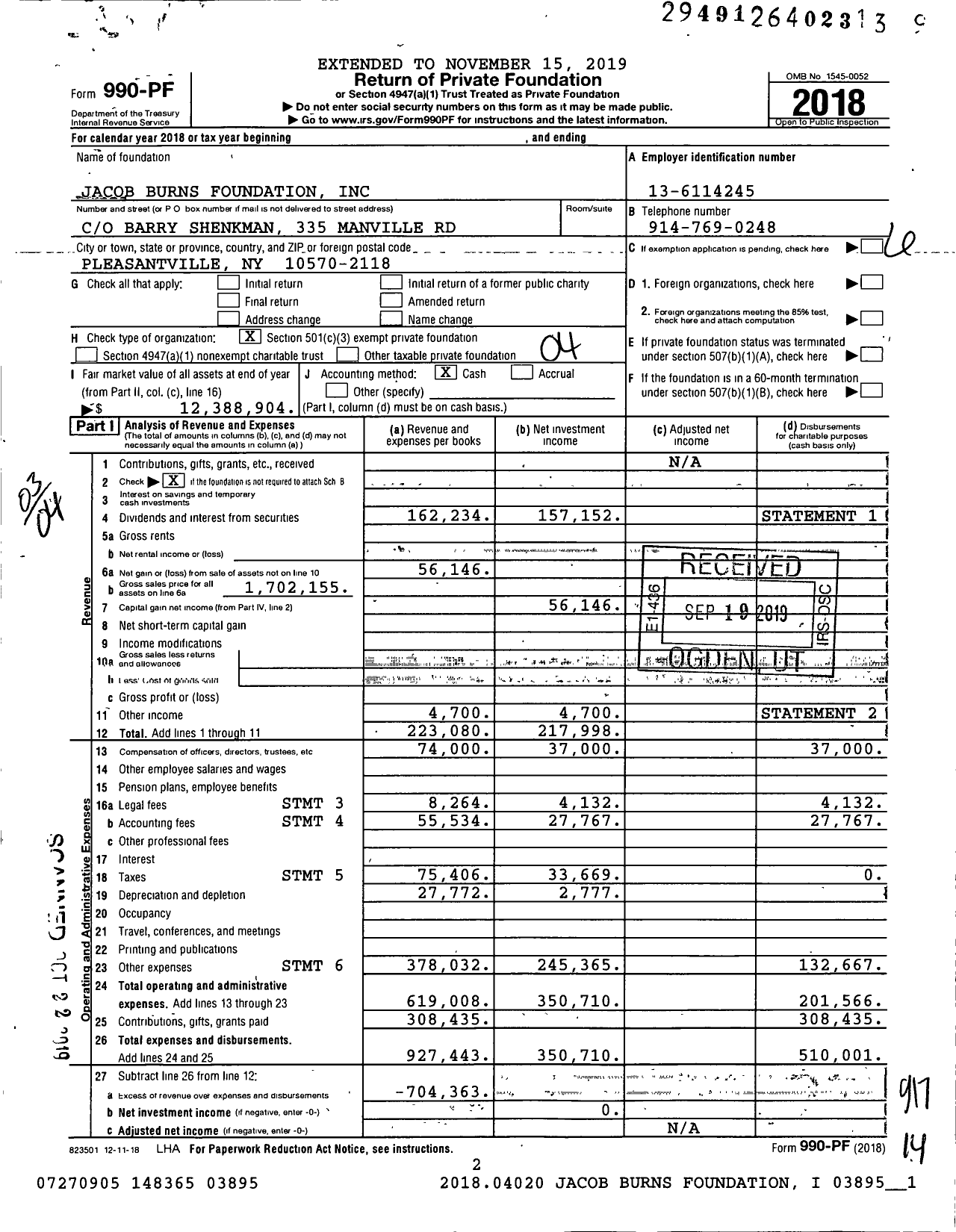 Image of first page of 2018 Form 990PF for Jacob Burns Foundation