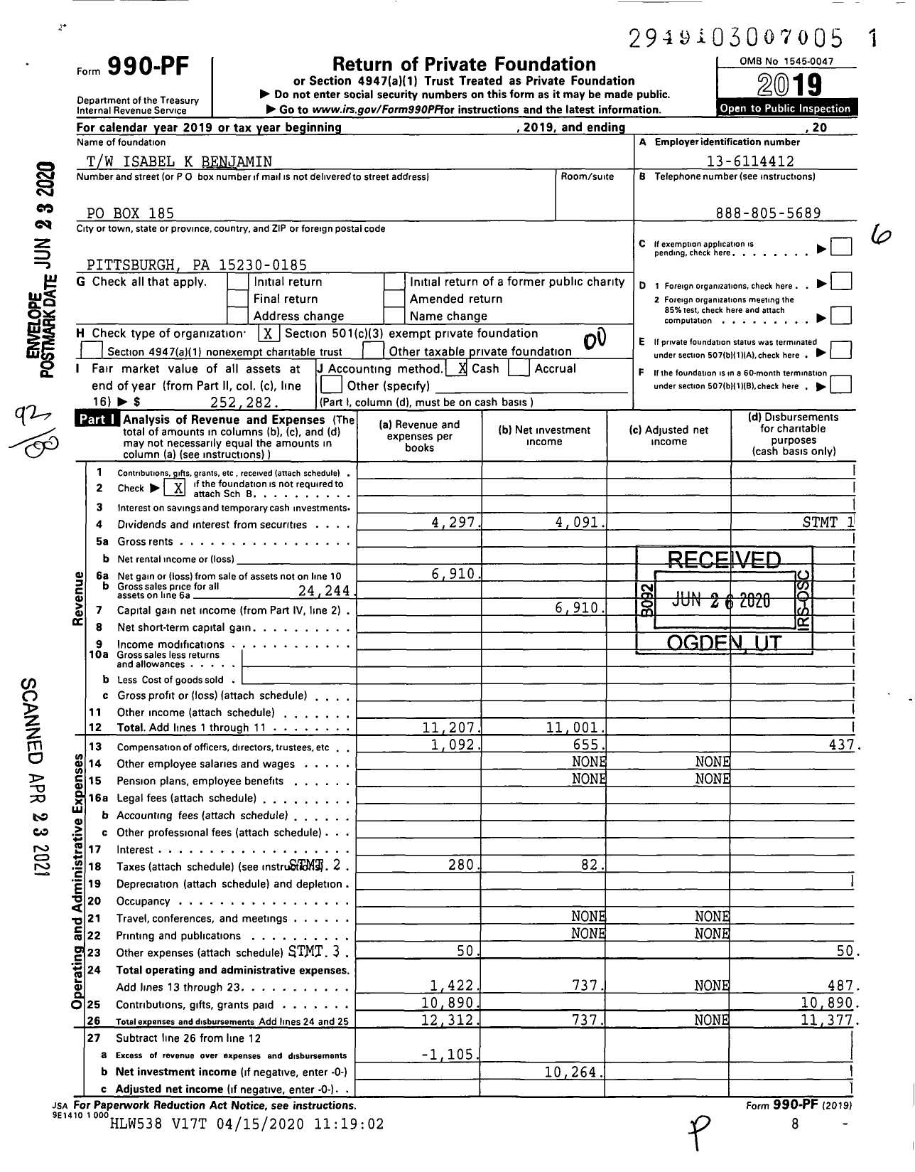 Image of first page of 2019 Form 990PF for TW Isabel K Benjamin